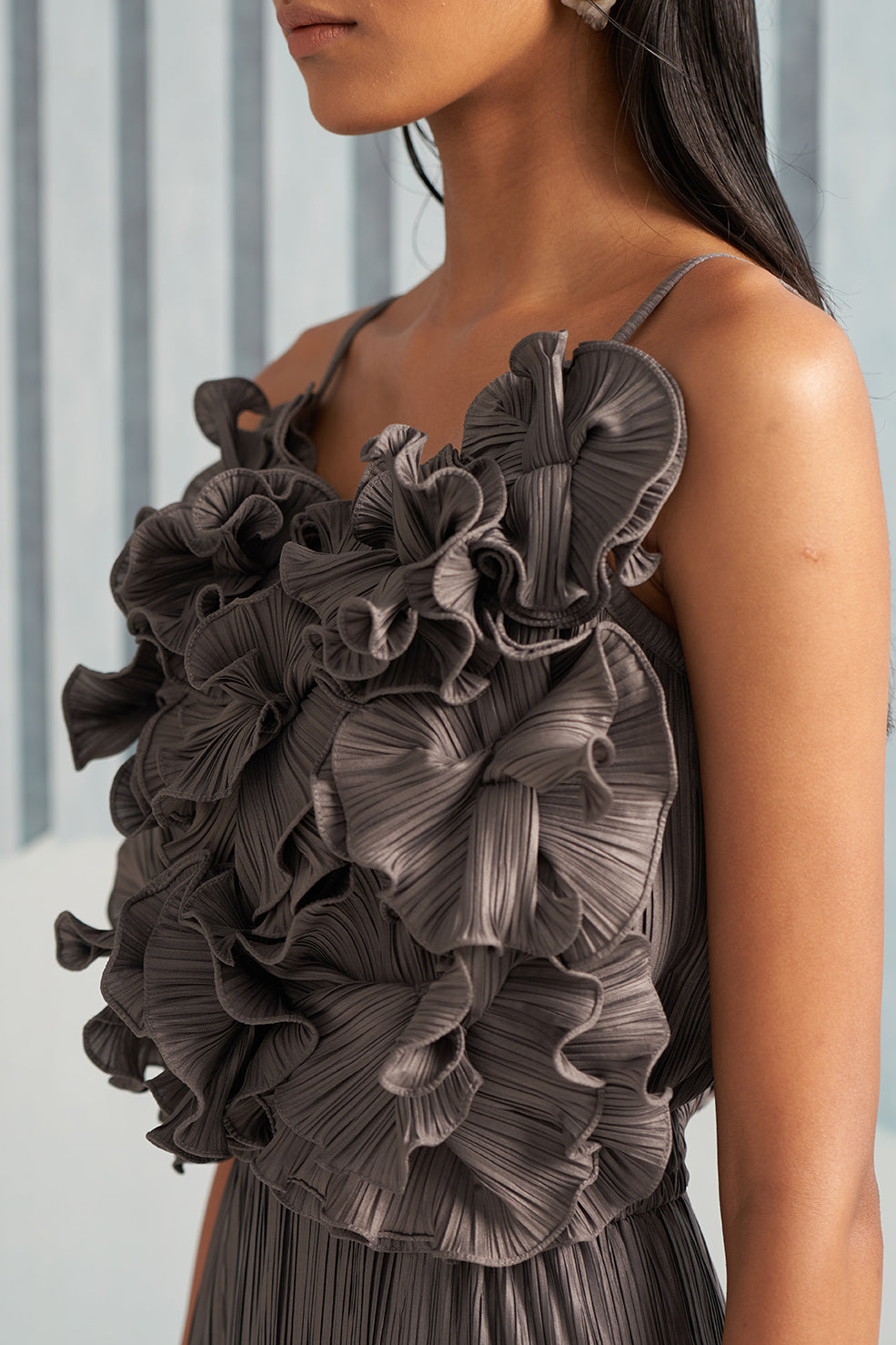 SMOKEY GREY FLOWER RUFFLES GOWN