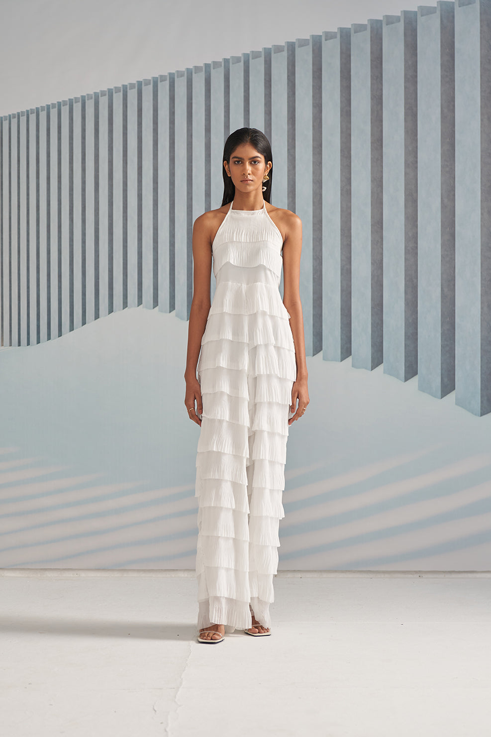 WHITE PLEATED LAYERS JUMPSUIT