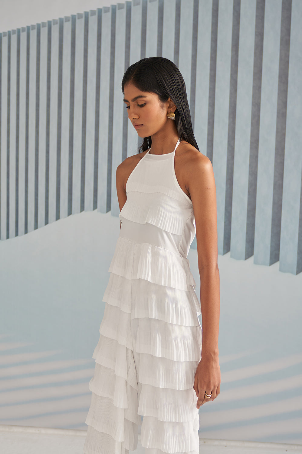 WHITE PLEATED LAYERS JUMPSUIT