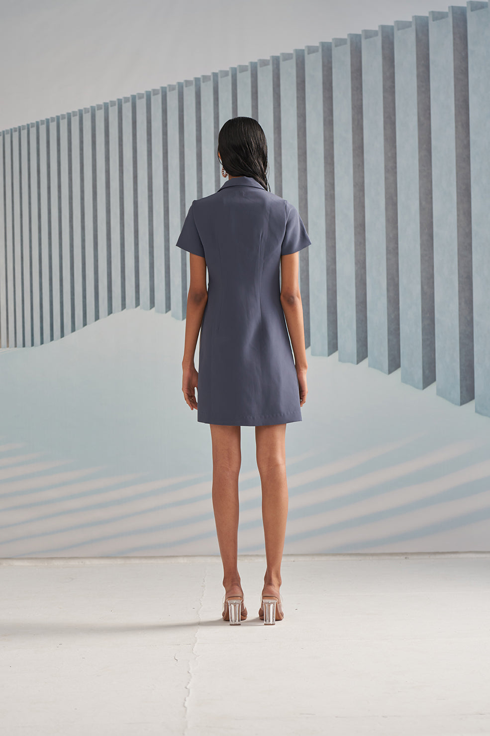 BLUE GREY TRENCH PLEATS DRESS