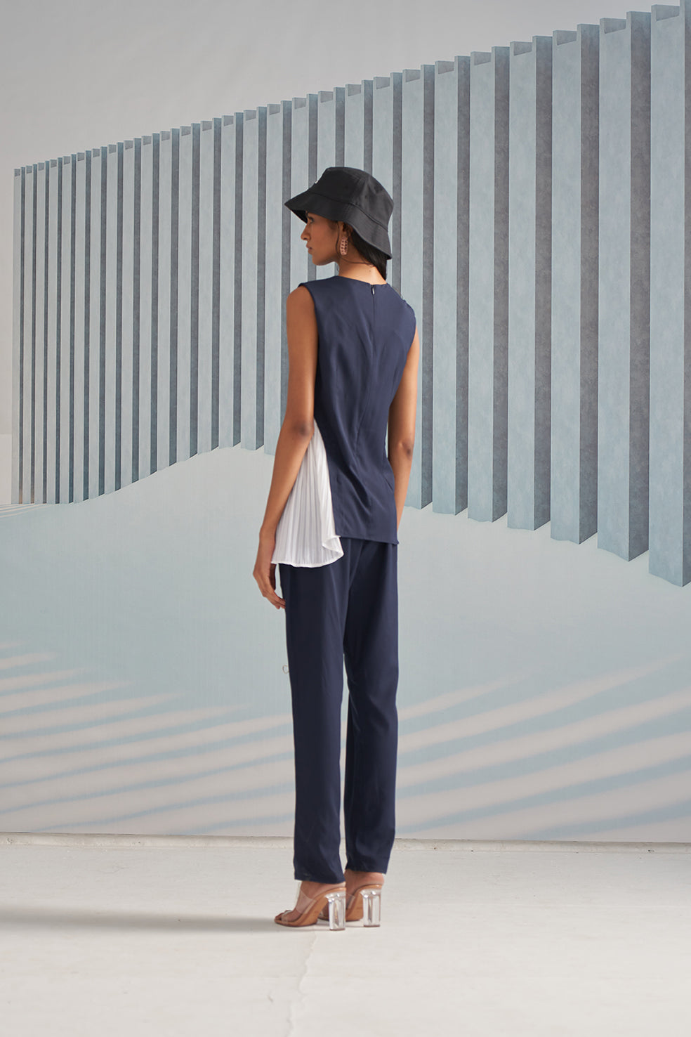 BLUE CREPE WITH WHITE PLEATS TOP & BLUE CREPE PANT