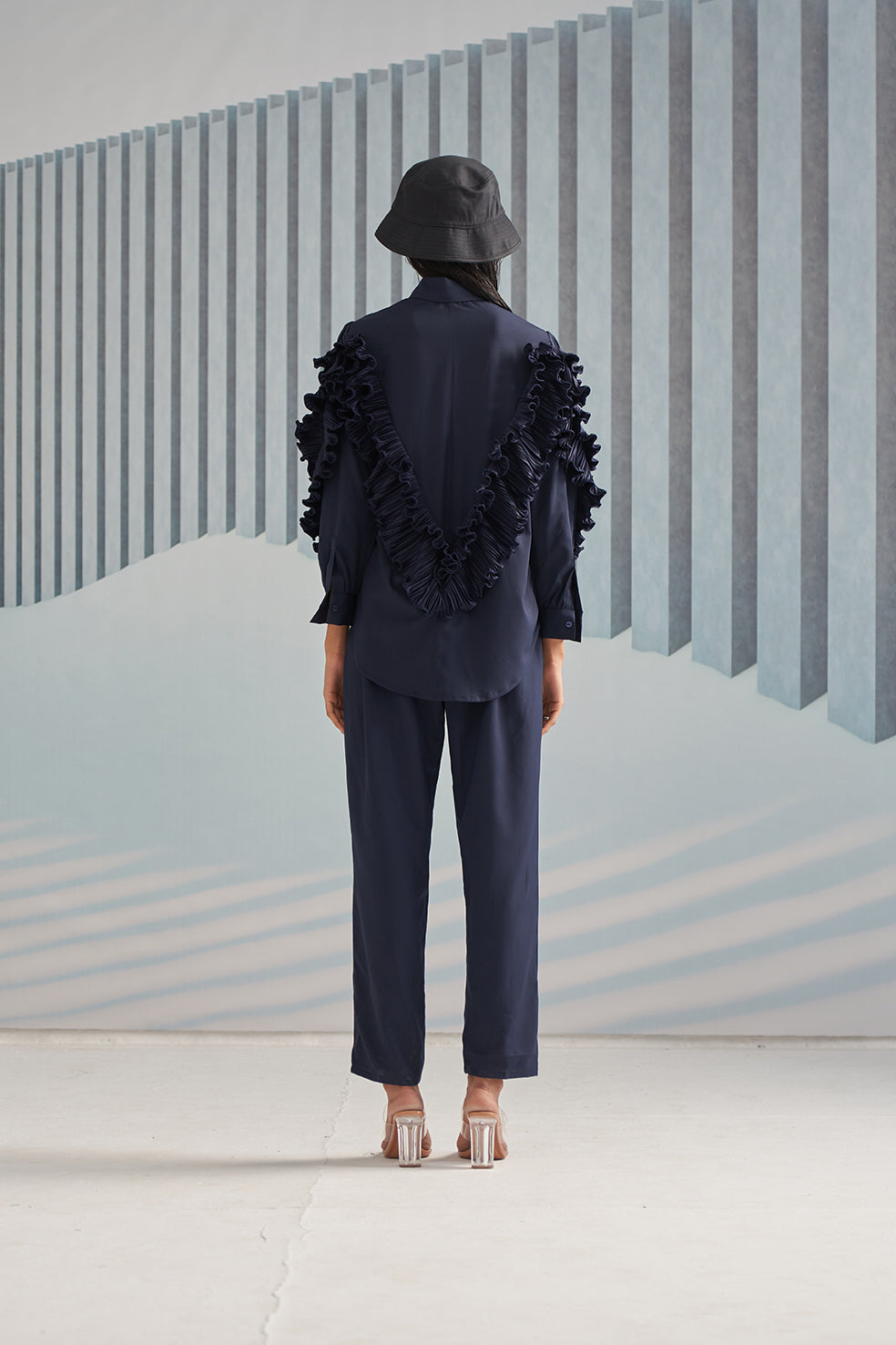 BLUE SHIRT WITH RUFFLE DETAIL & BLUE CREPE PANT SET