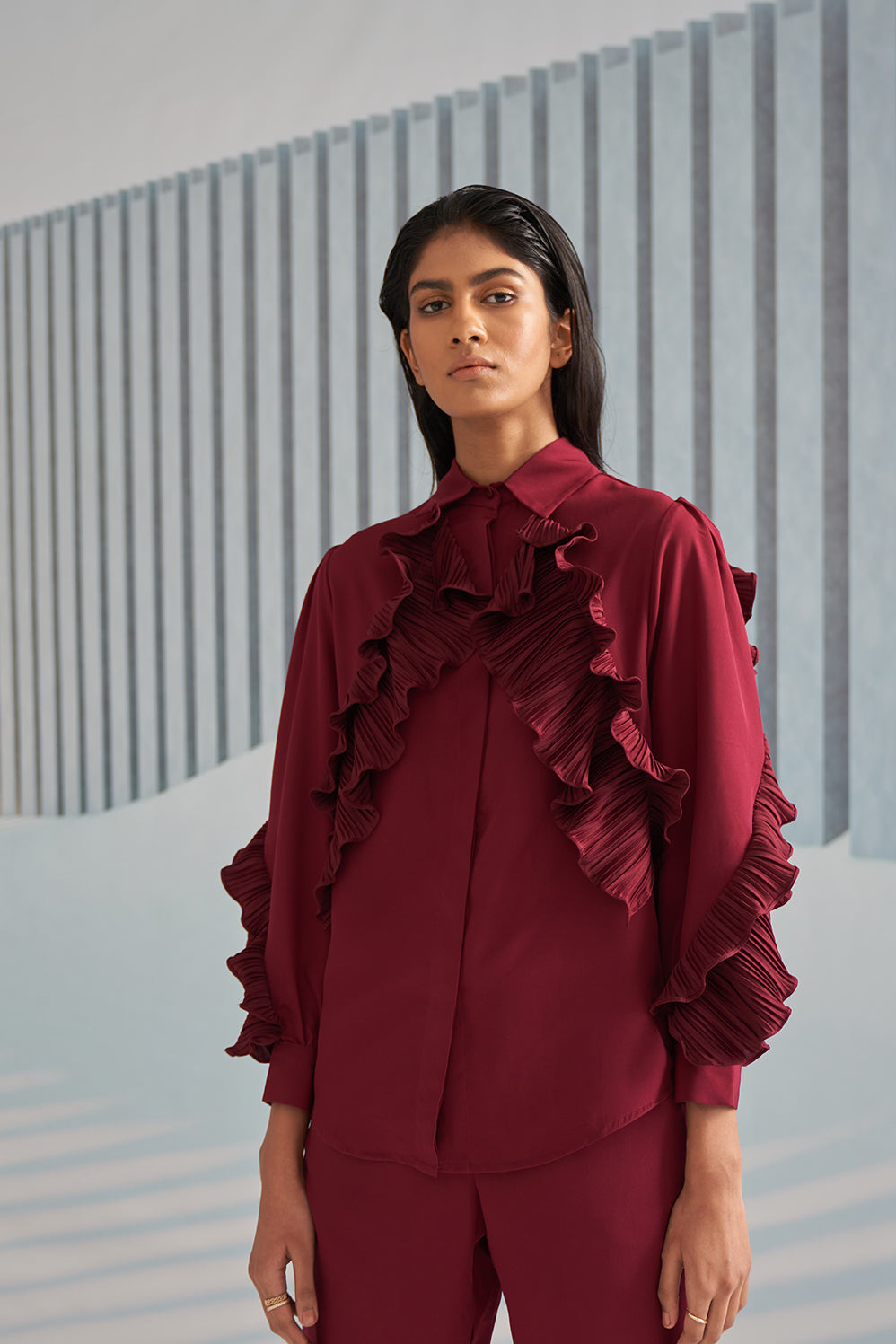 MAROON SHIRT WITH RUFFLE DETAILS & MAROON CREPE PANTS
