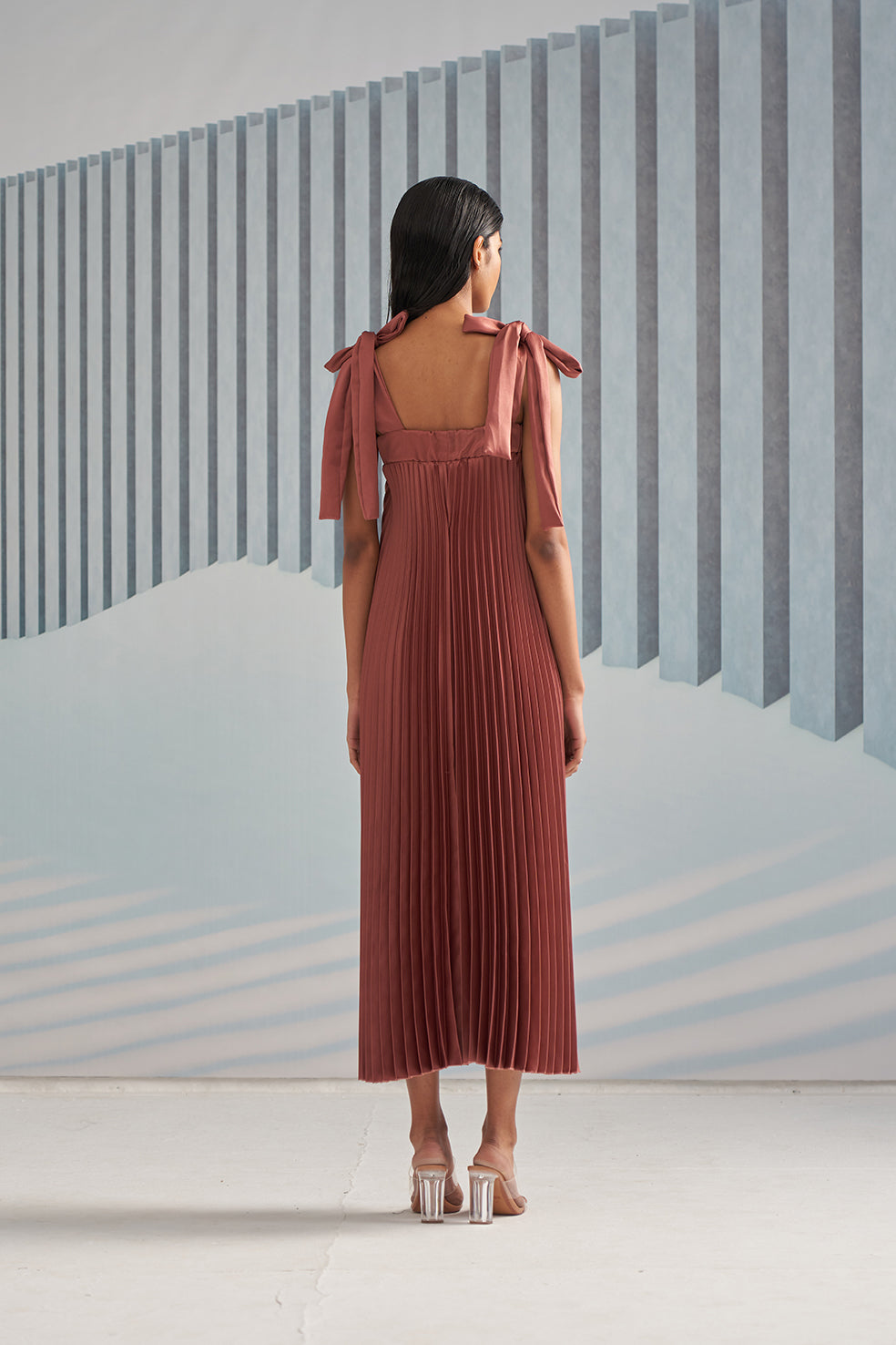 RUST PLEATS SLIP DRESS