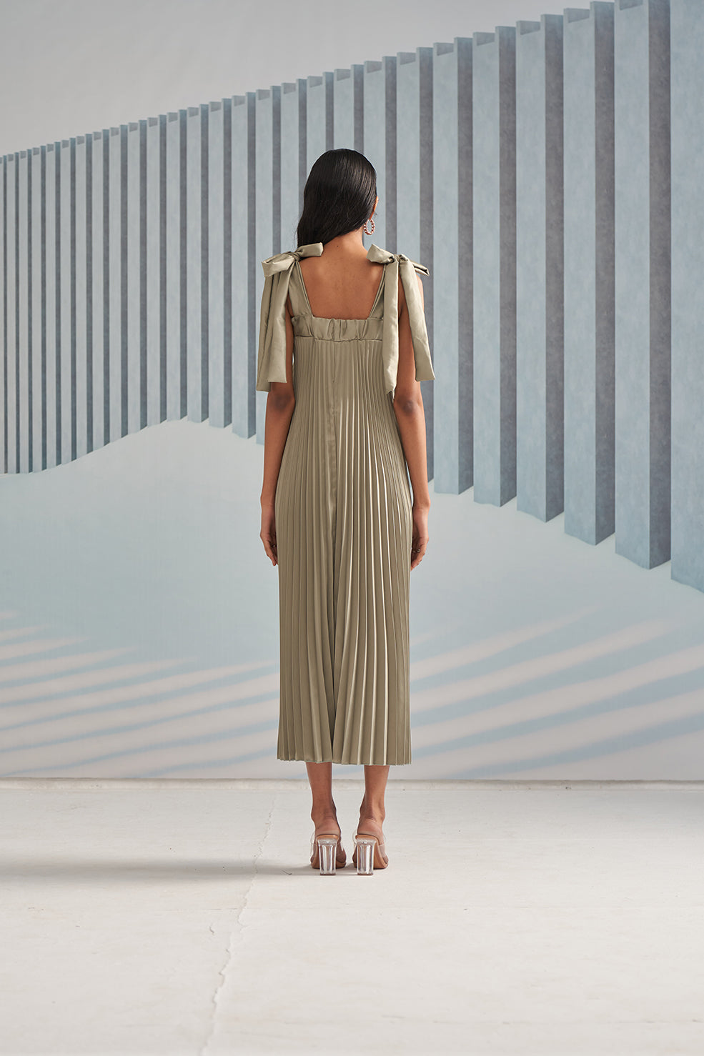 GREEN PLEATS SLIP DRESS