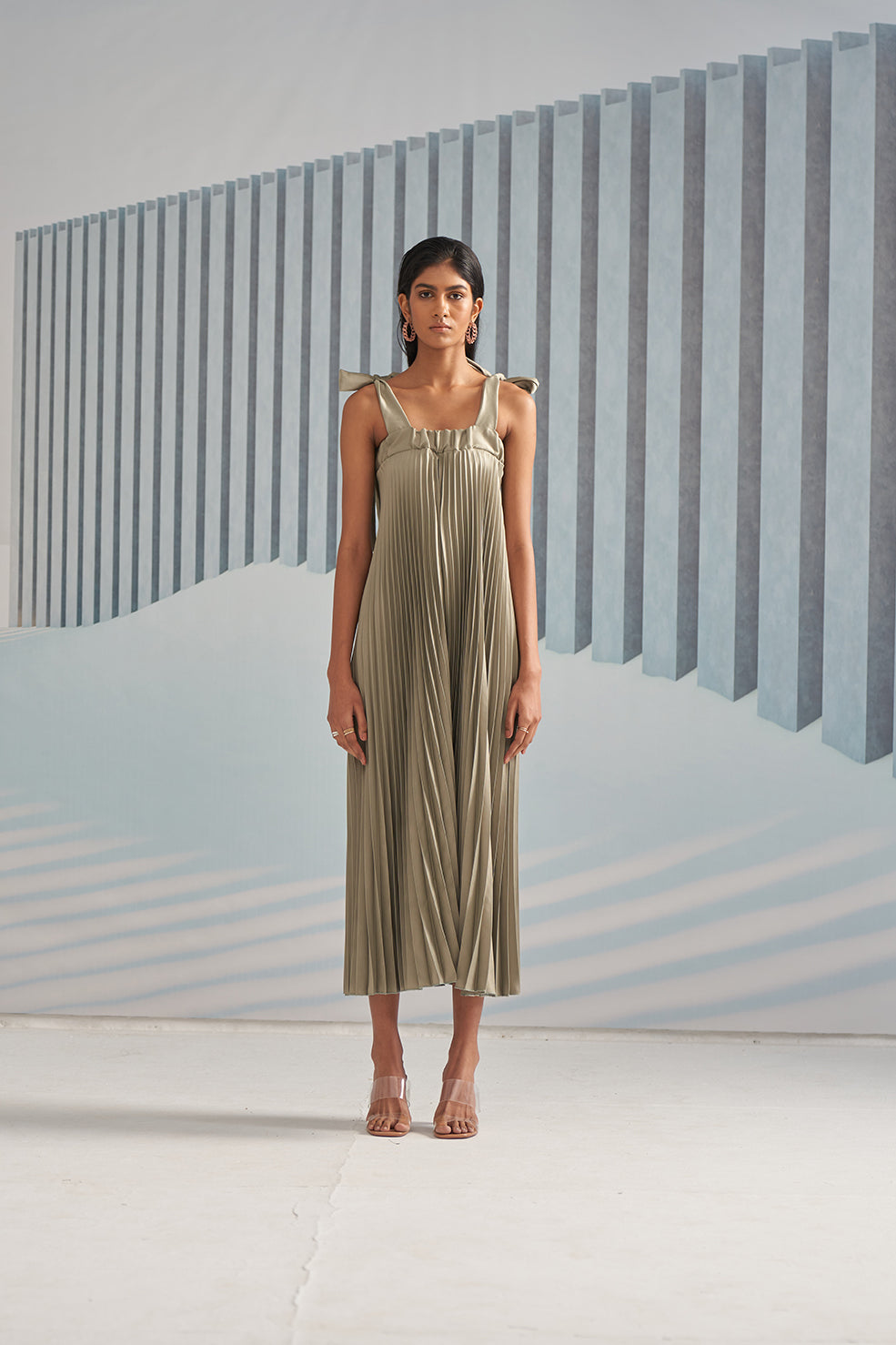 GREEN PLEATS SLIP DRESS