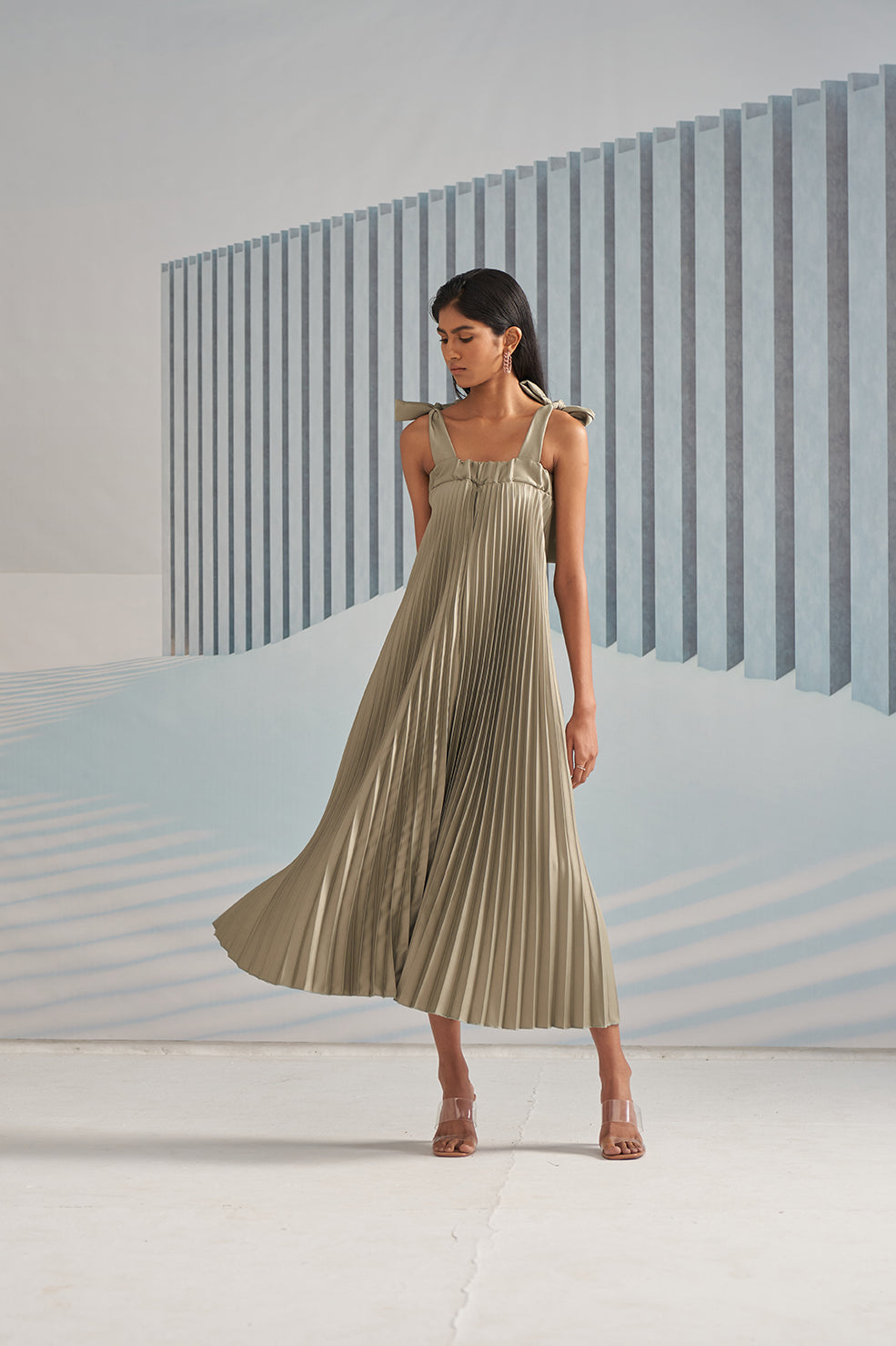 GREEN PLEATS SLIP DRESS