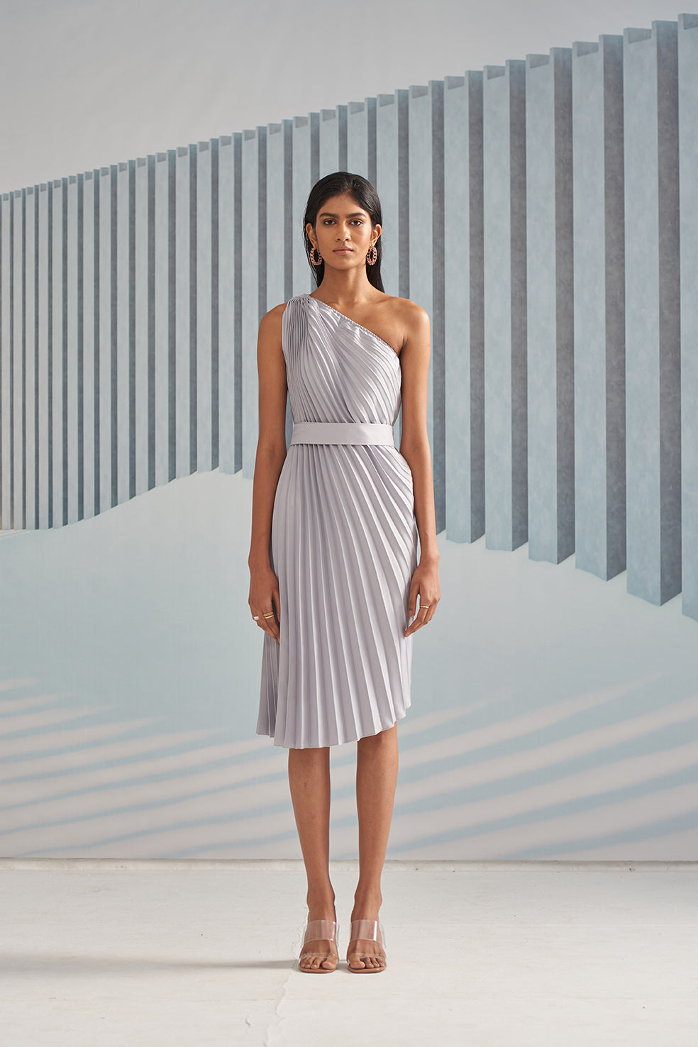 SILVER ONE SHOULDER DRESS WITH BELT