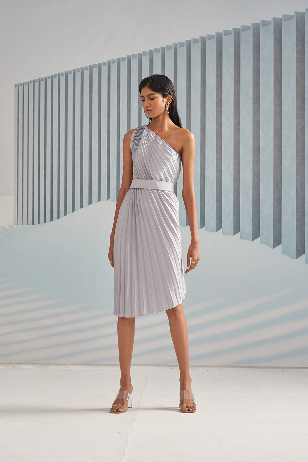 SILVER ONE SHOULDER DRESS WITH BELT