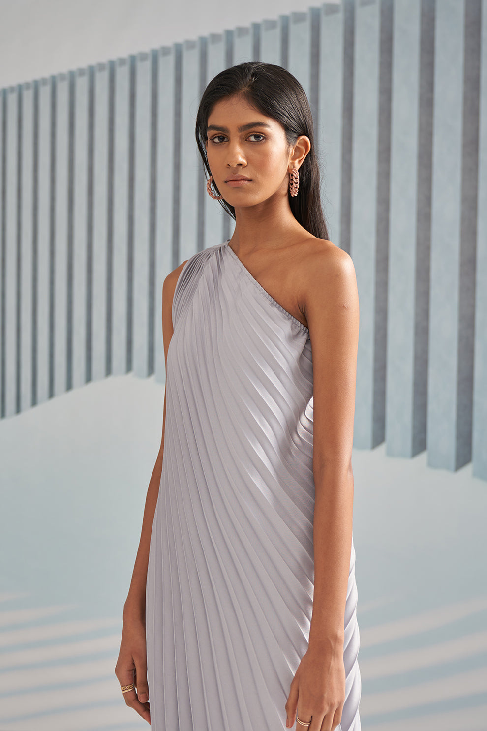 SILVER ONE SHOULDER DRESS WITH BELT
