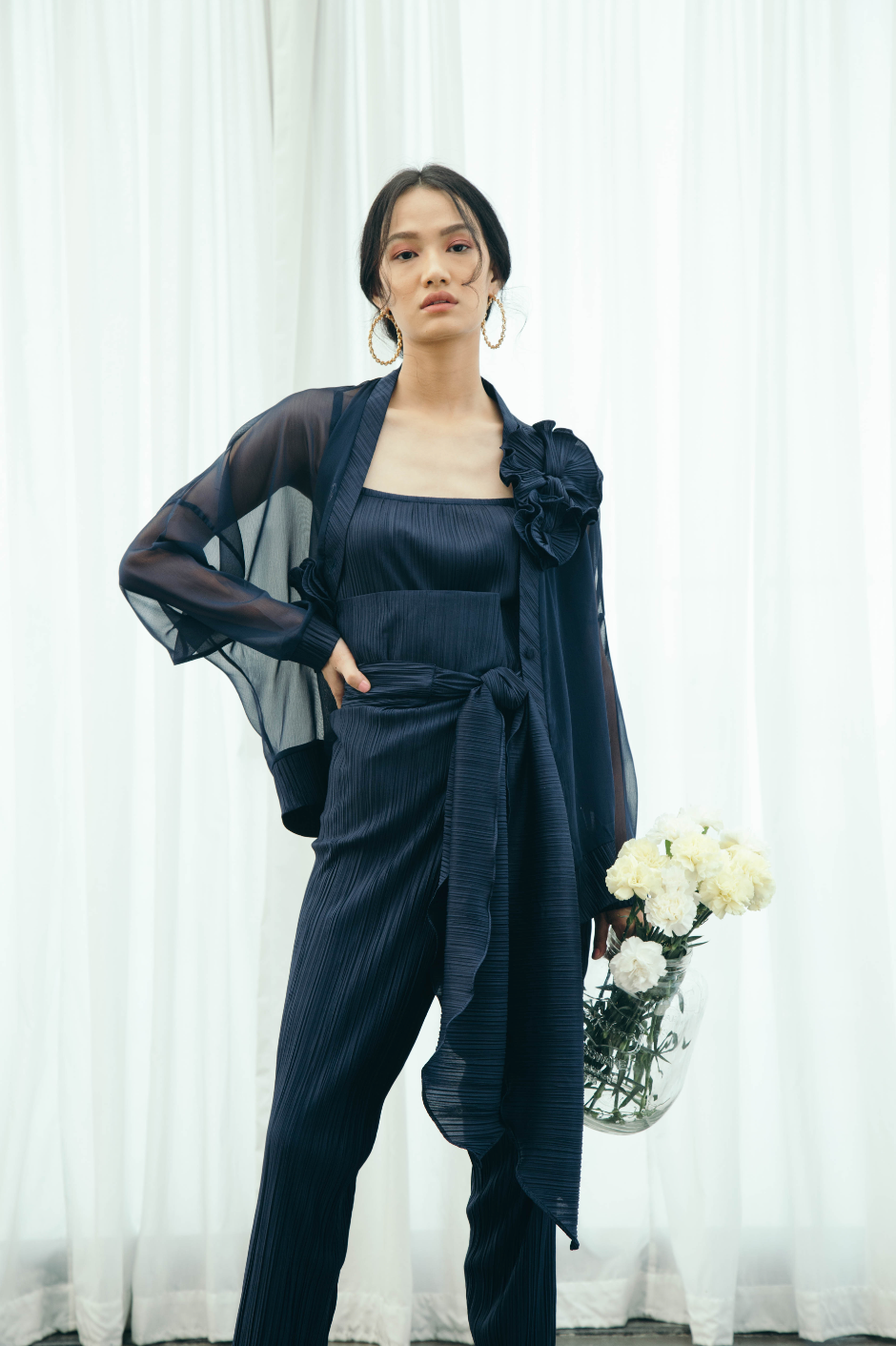Blue Pleated Pants Set With Cover Up