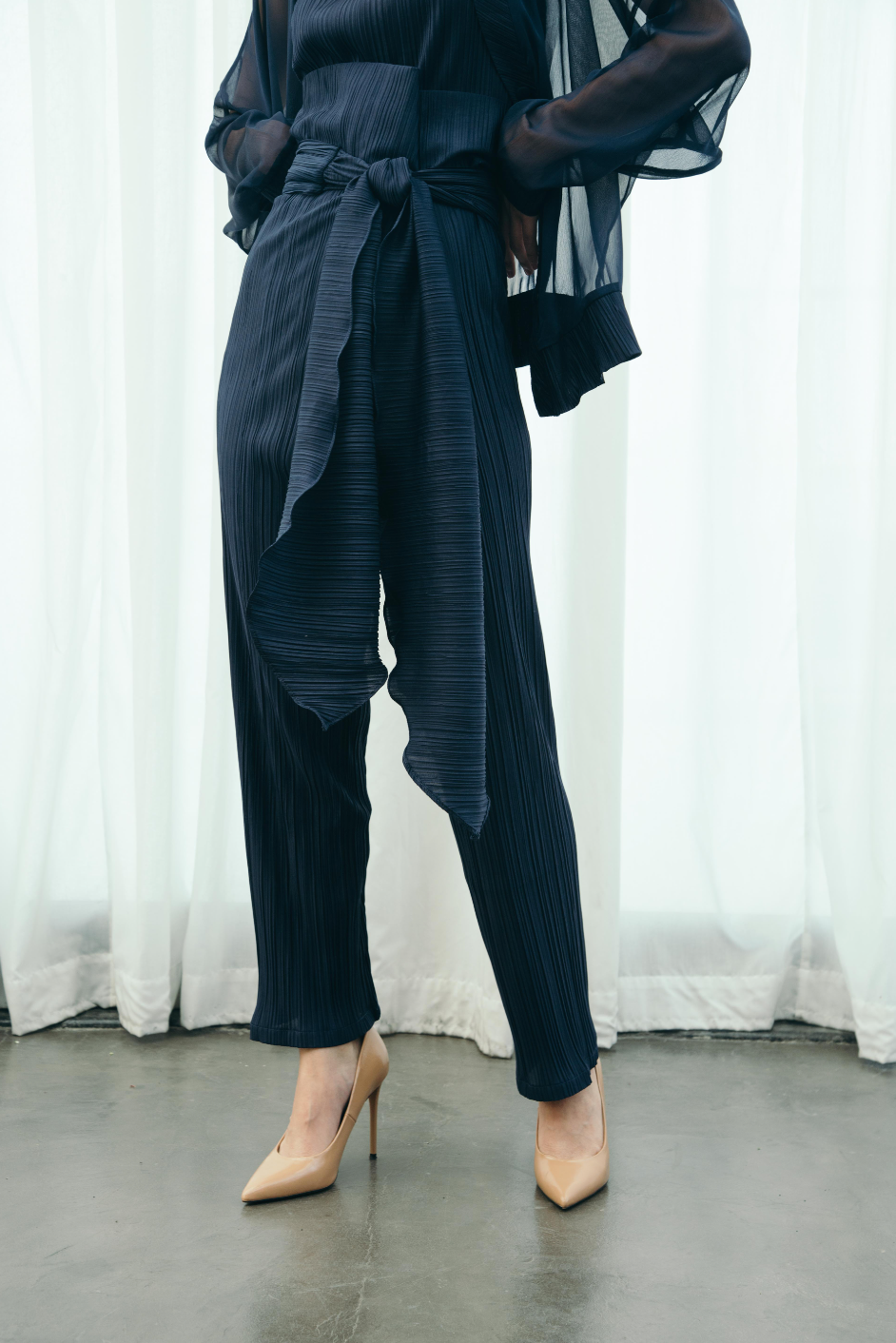 Blue Pleated Pants Set With Cover Up