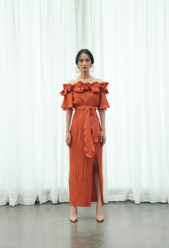 ORANGE PLEATED FLOWER GOWN