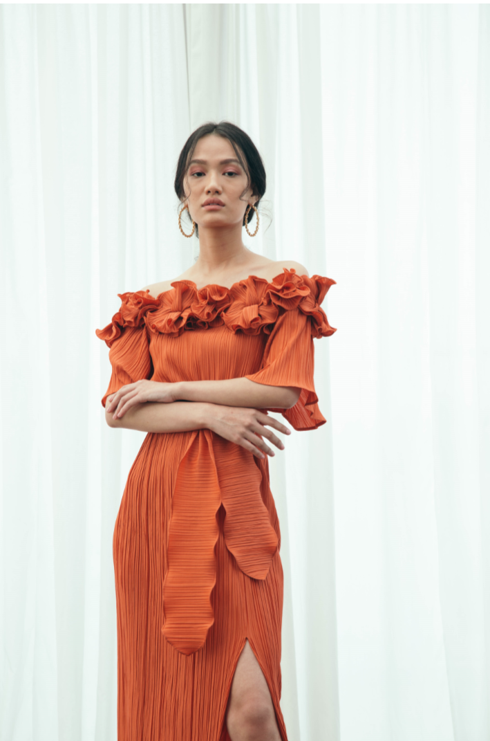 ORANGE PLEATED FLOWER GOWN