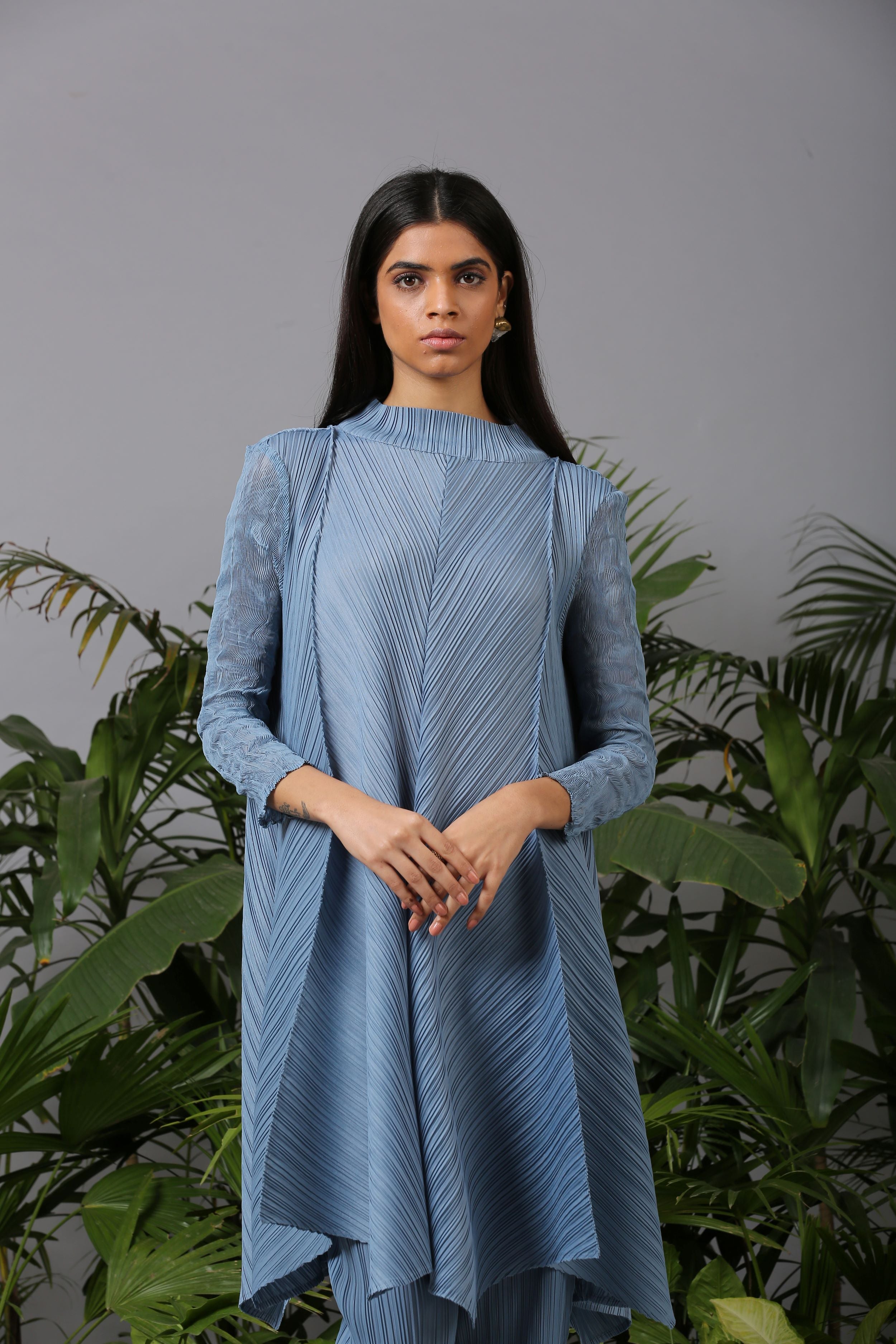 POWDER BLUE CRUSHED SLEEVES KURTI SET