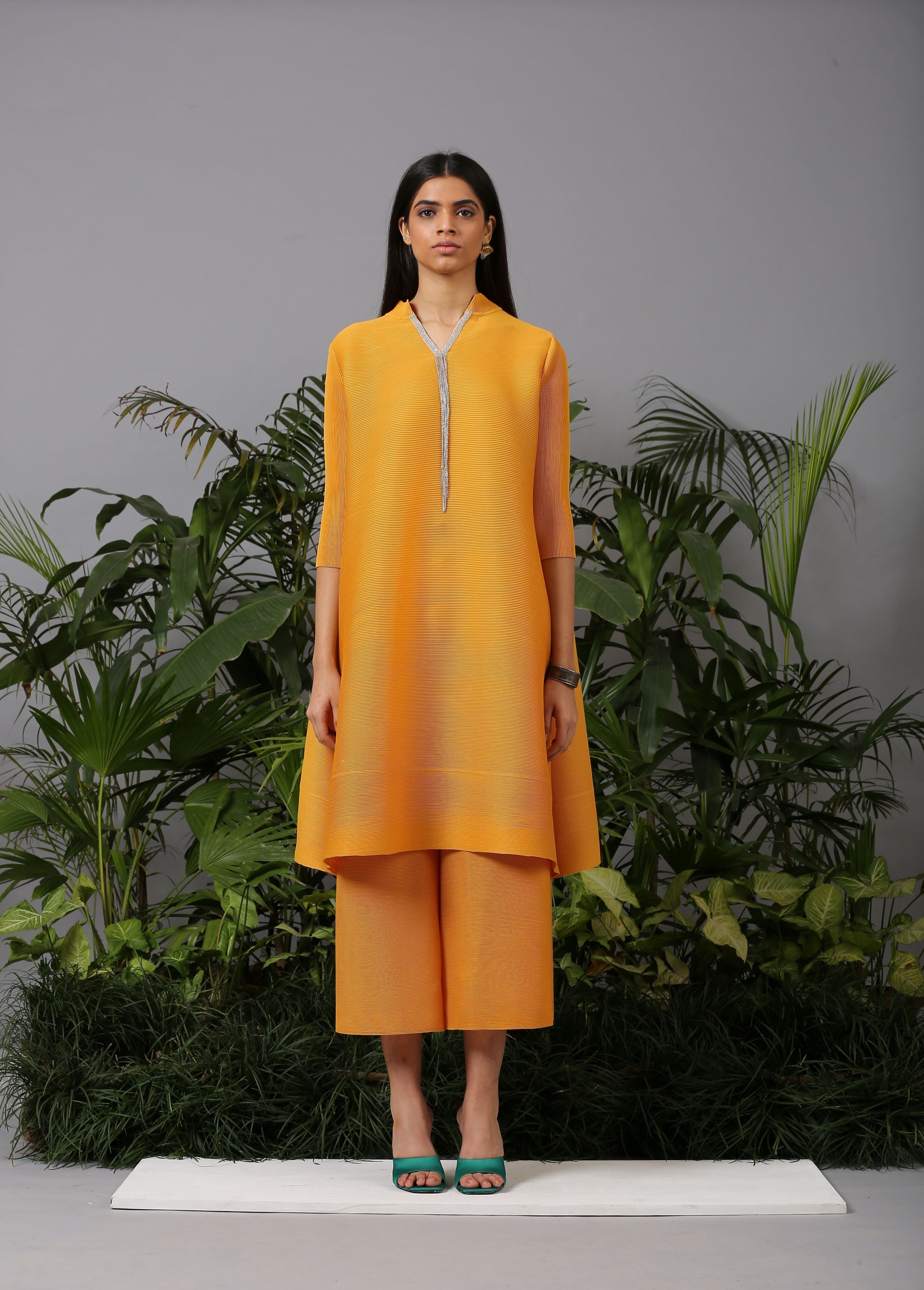 MUSTARD PLEATED TASSLE KURTI SET