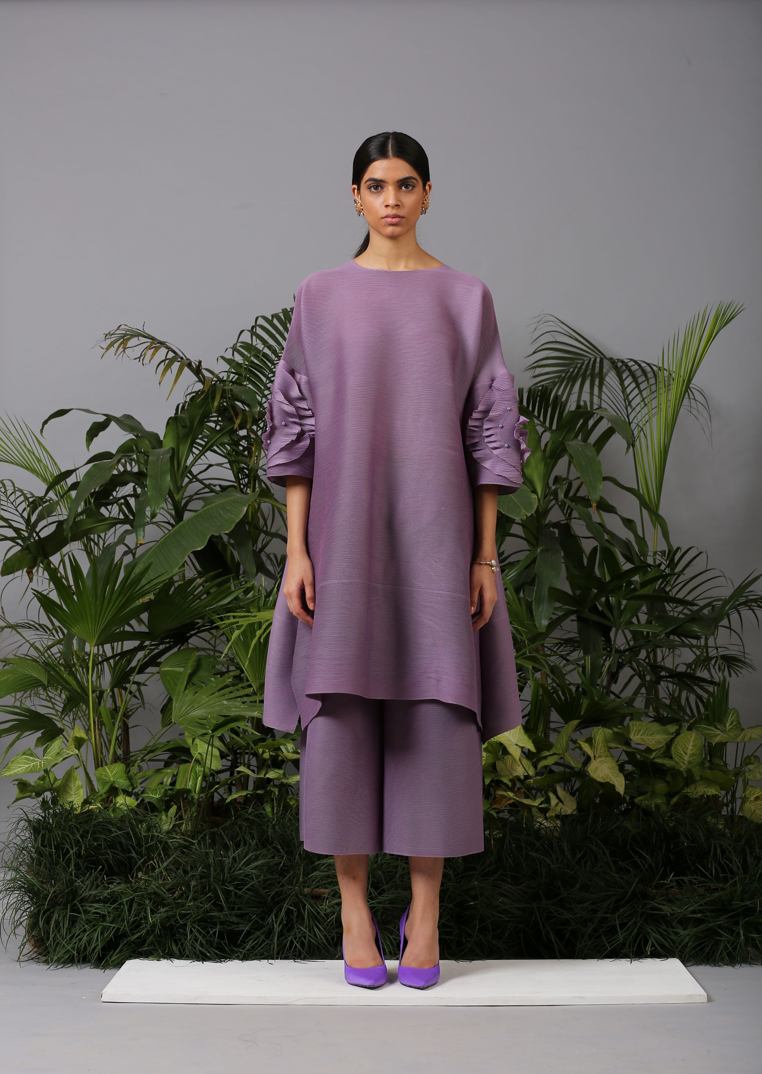 PURPLE FLOWER SLEEVES KURTI SET