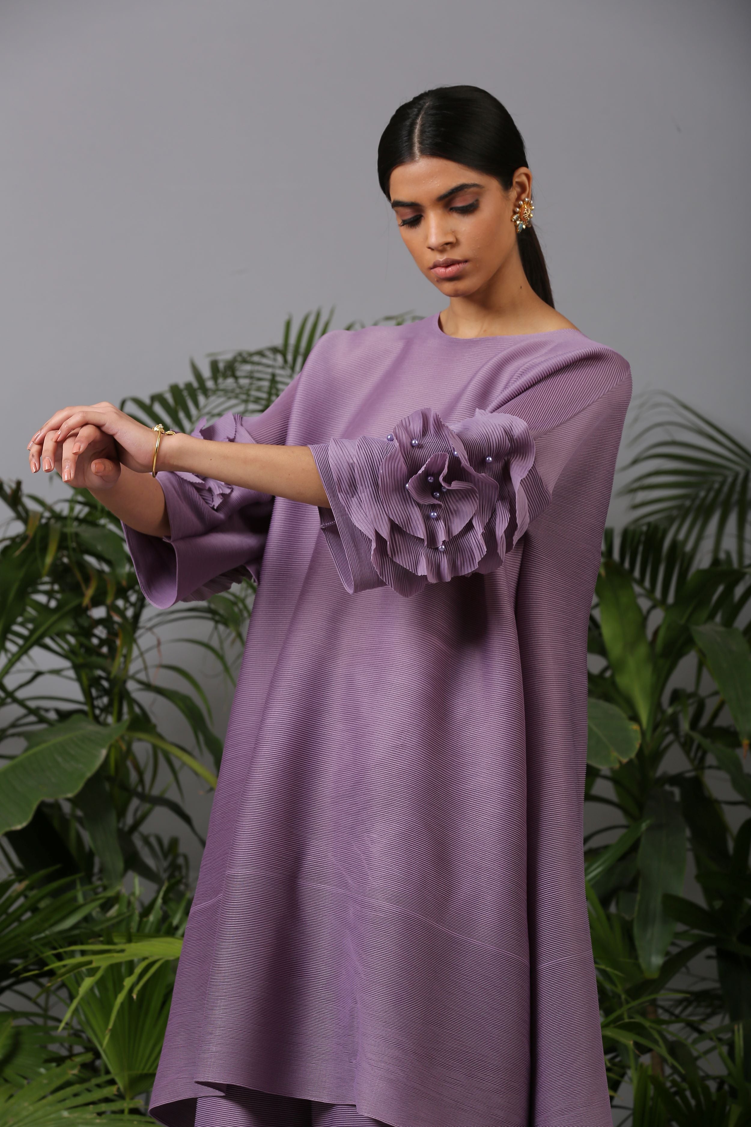 PURPLE FLOWER SLEEVES KURTI SET