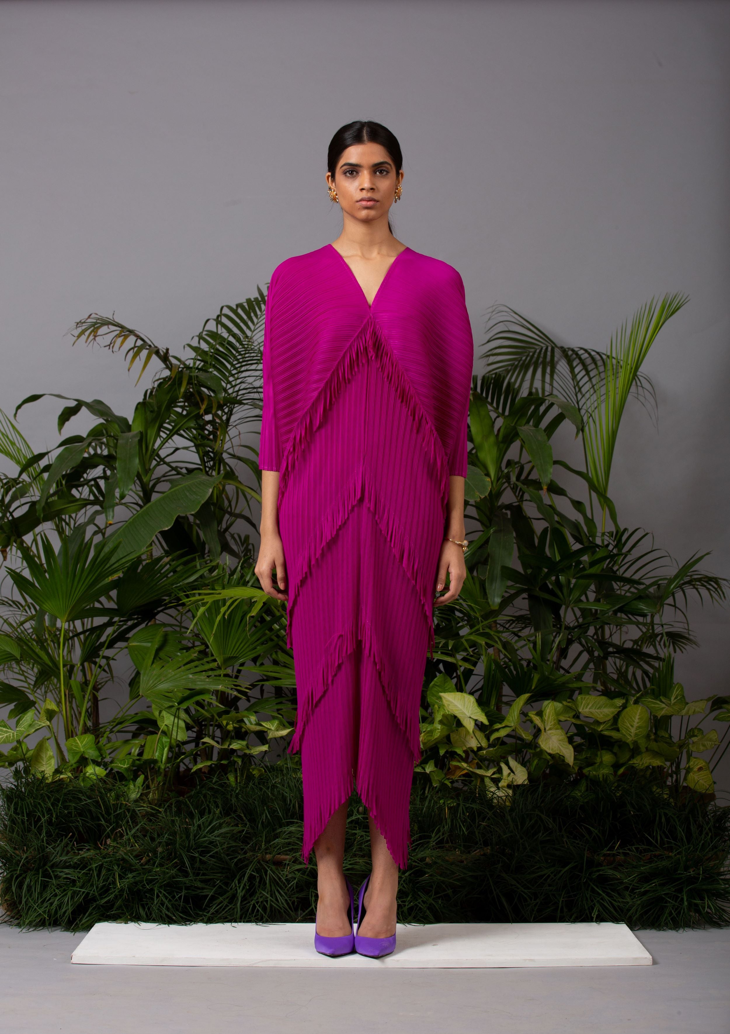 FUSCIA FRINGE KAFTAN DRESS