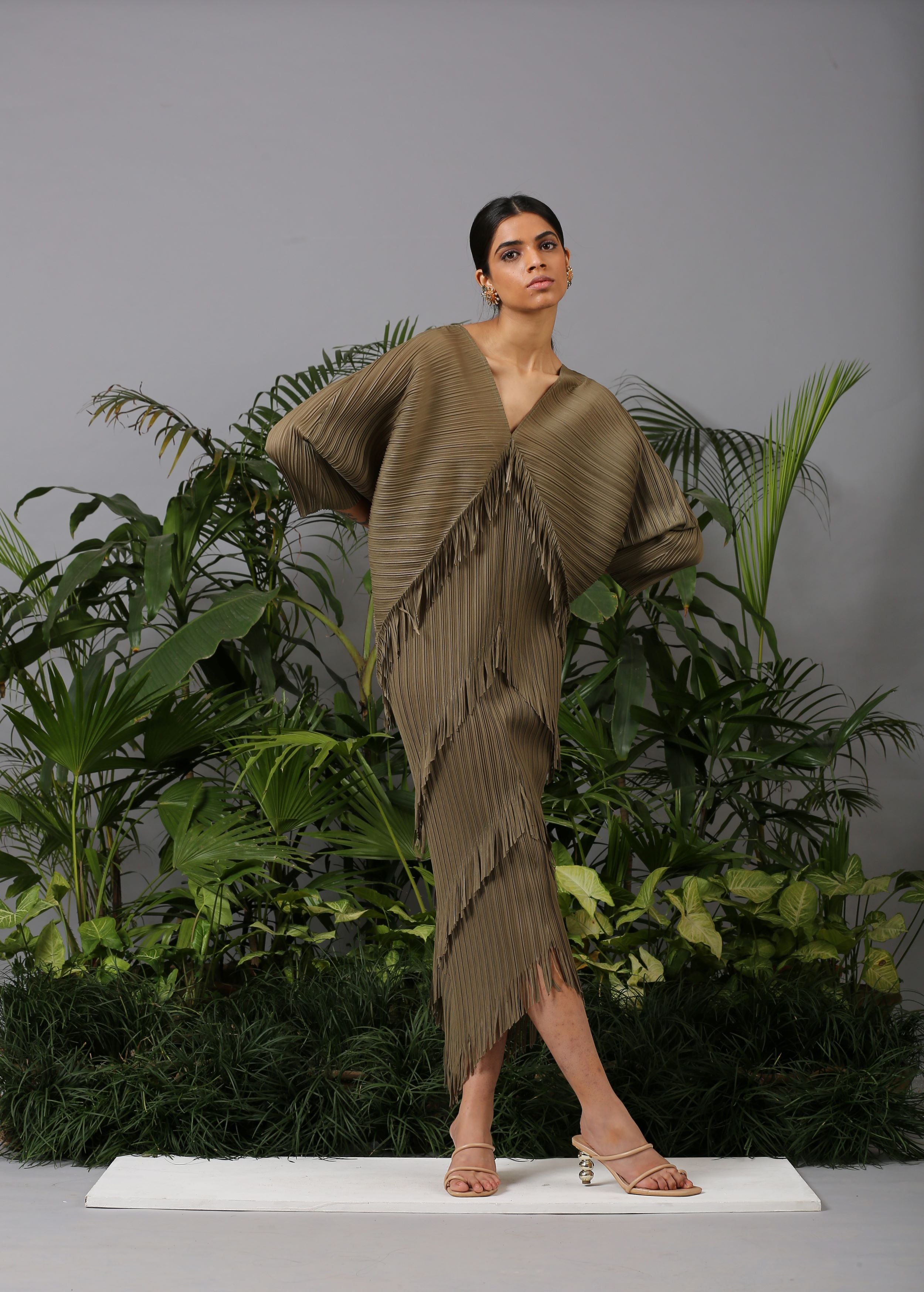 OLIVE GREEN FRINGE KAFTAN DRESS