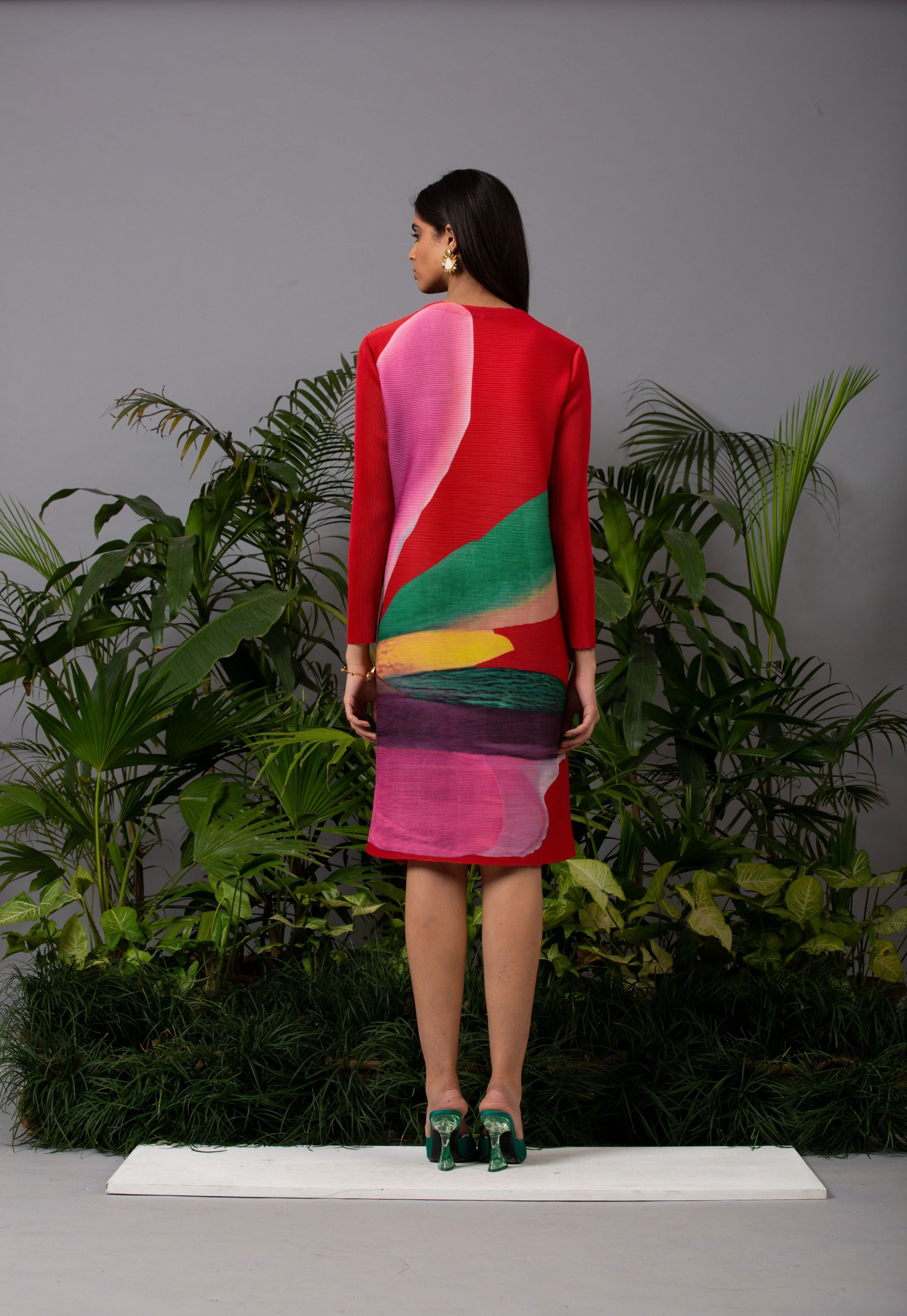 PINK VIBRANT PRINT PLEATS DRESS