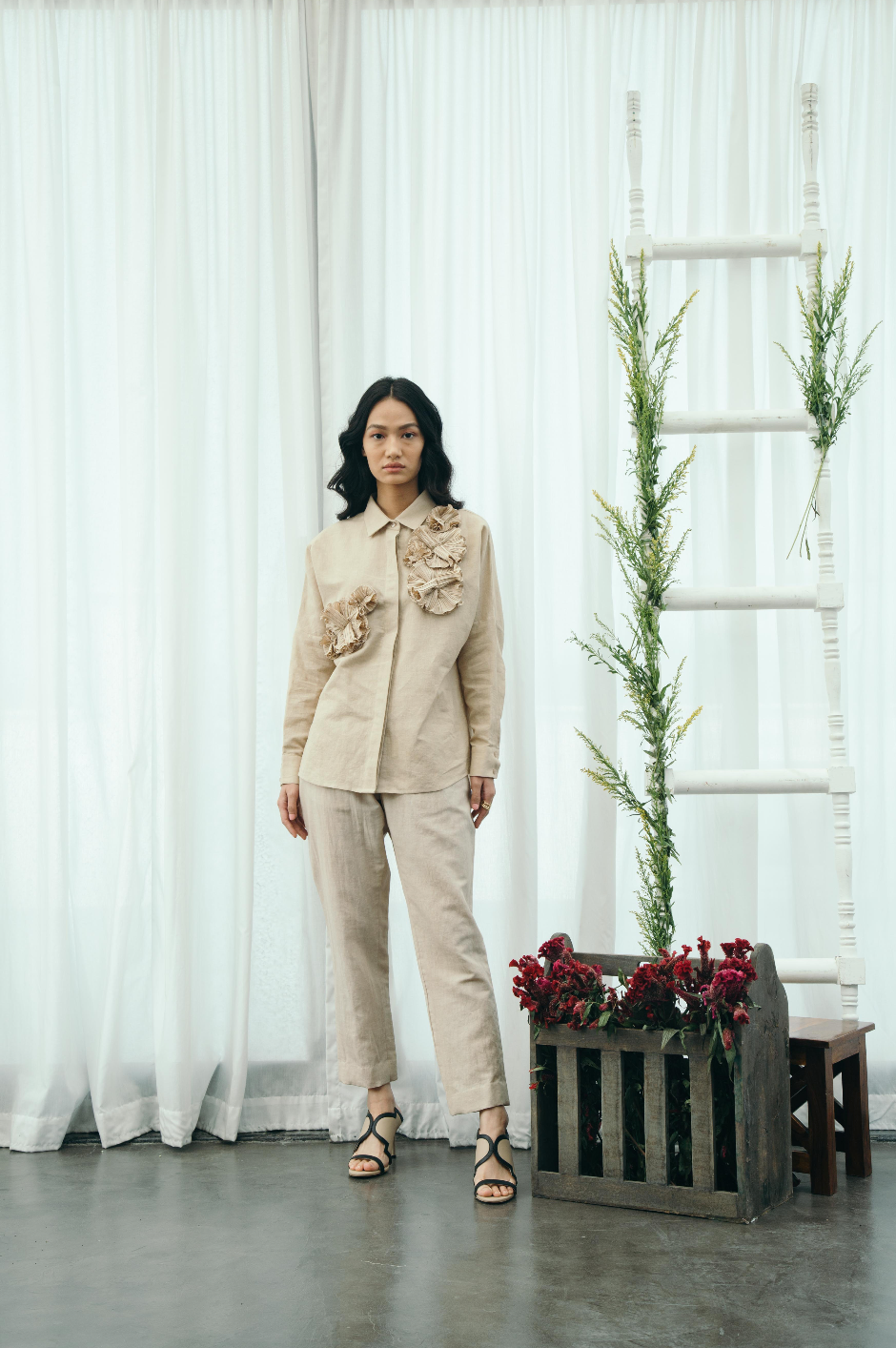 Beige Flower Shirt & Pants Set