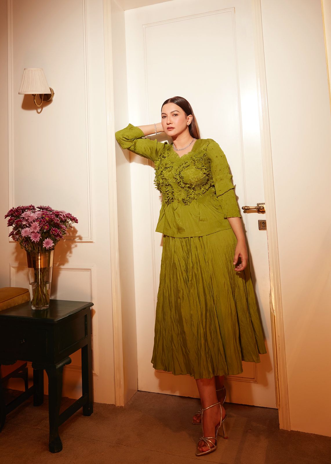 GAUAHAR KHAN IN LIME GREEN YVES SET