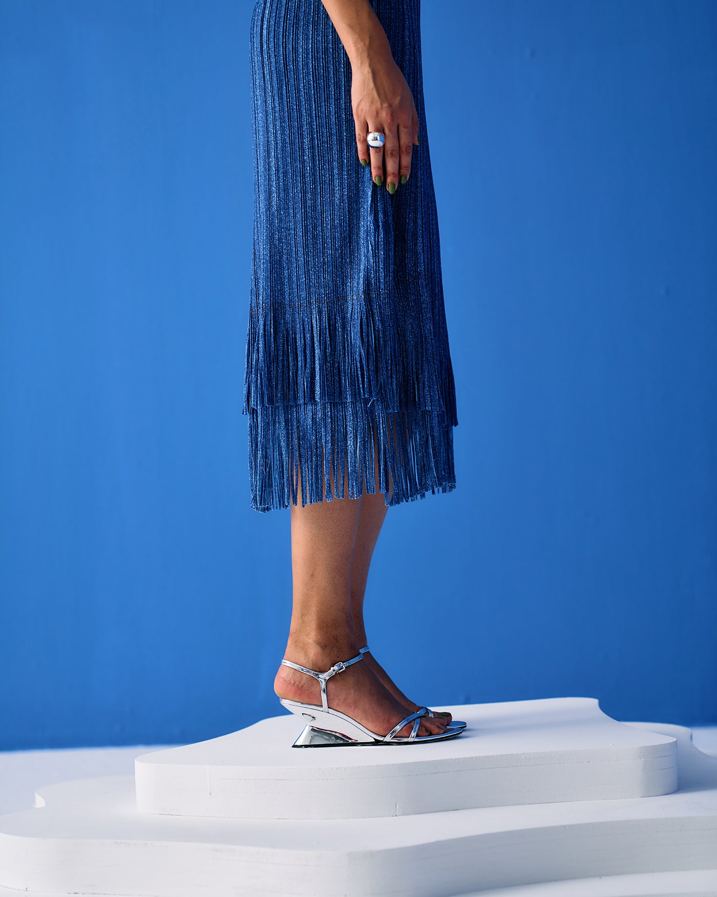 DARK BLUE DENIM PRINT FRINGE SKIRT SET