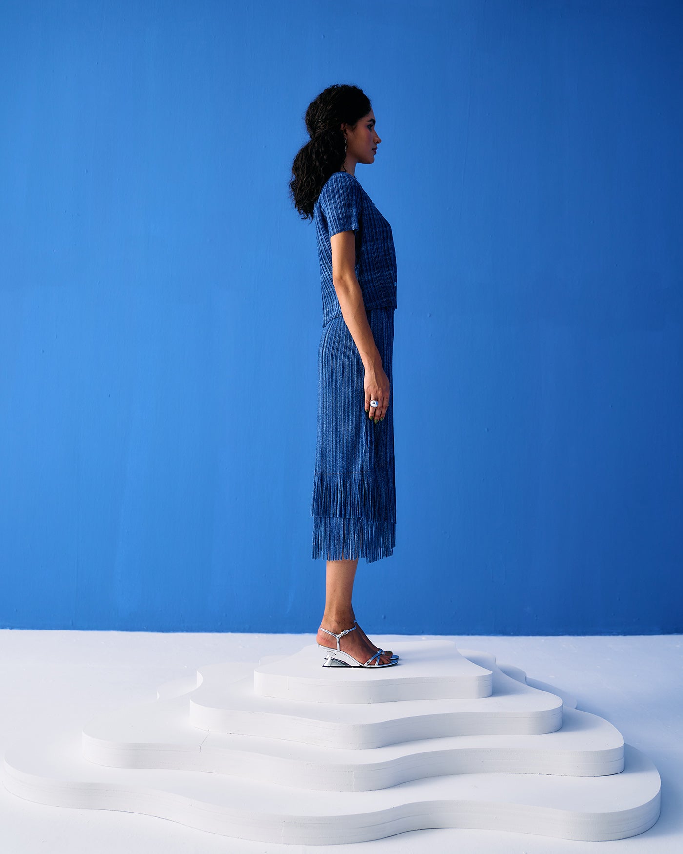 DARK BLUE DENIM PRINT FRINGE SKIRT SET