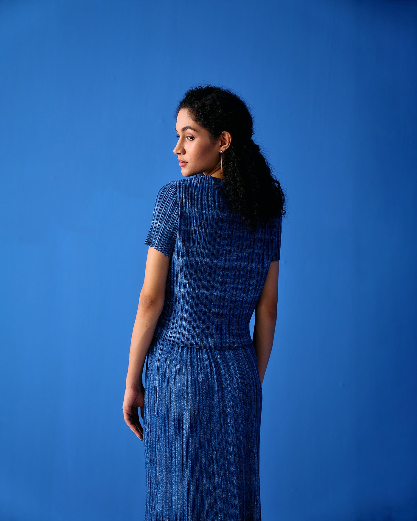 DARK BLUE DENIM PRINT FRINGE SKIRT SET