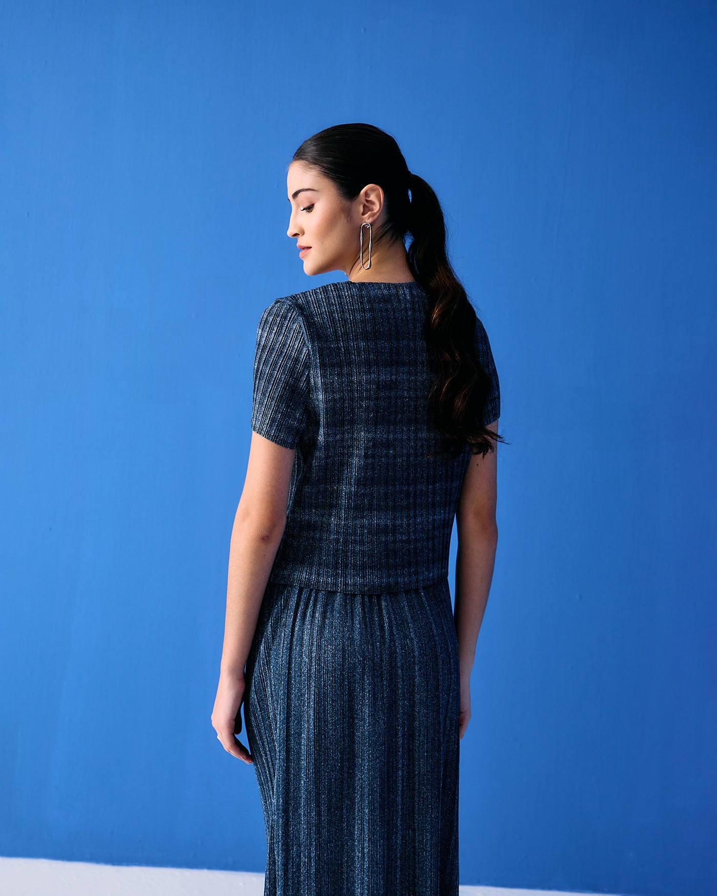 MEDIUM BLUE DENIM PRINT FRINGE SKIRT SET