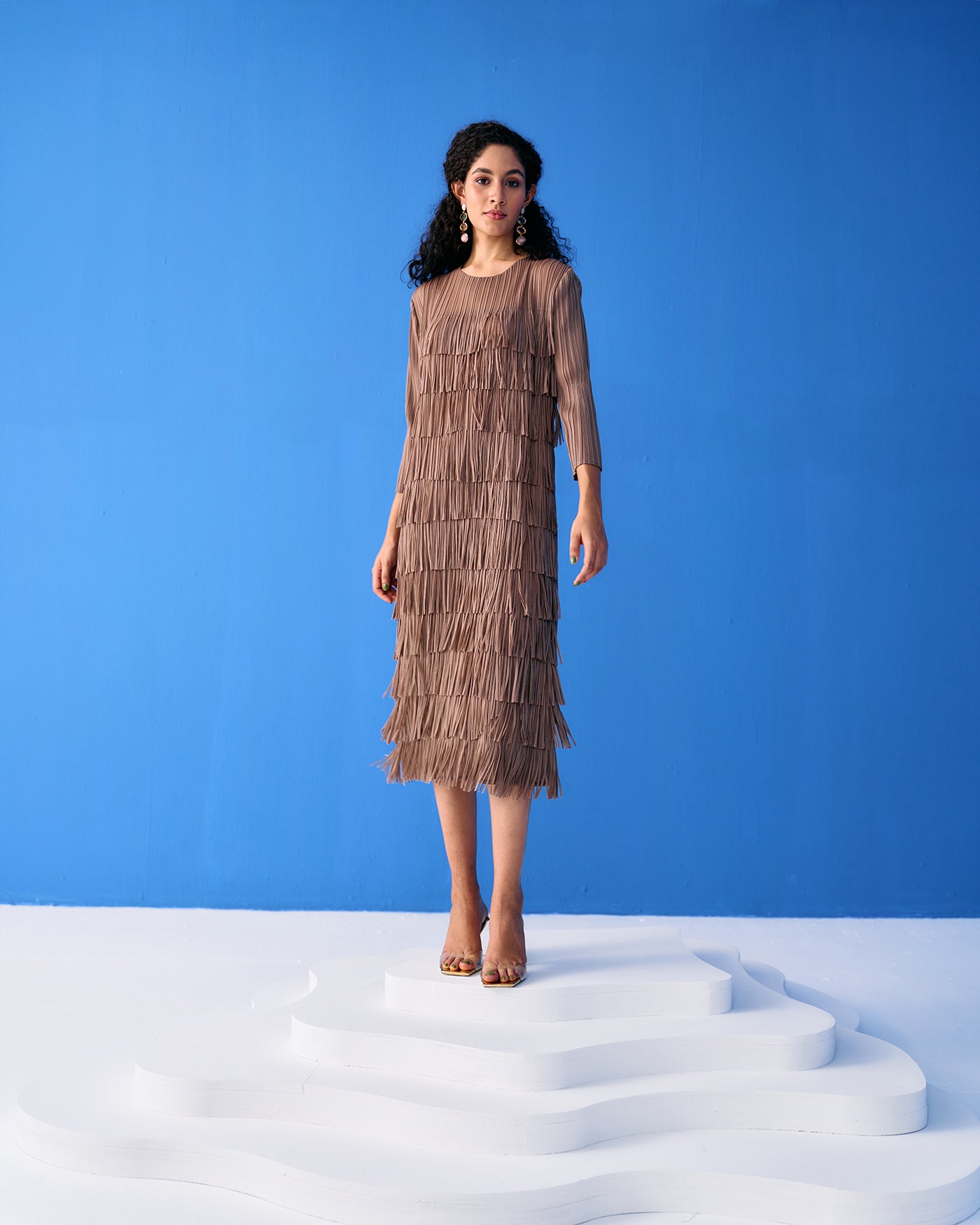 BROWN LONG SLEEVES FRINGE DRESS