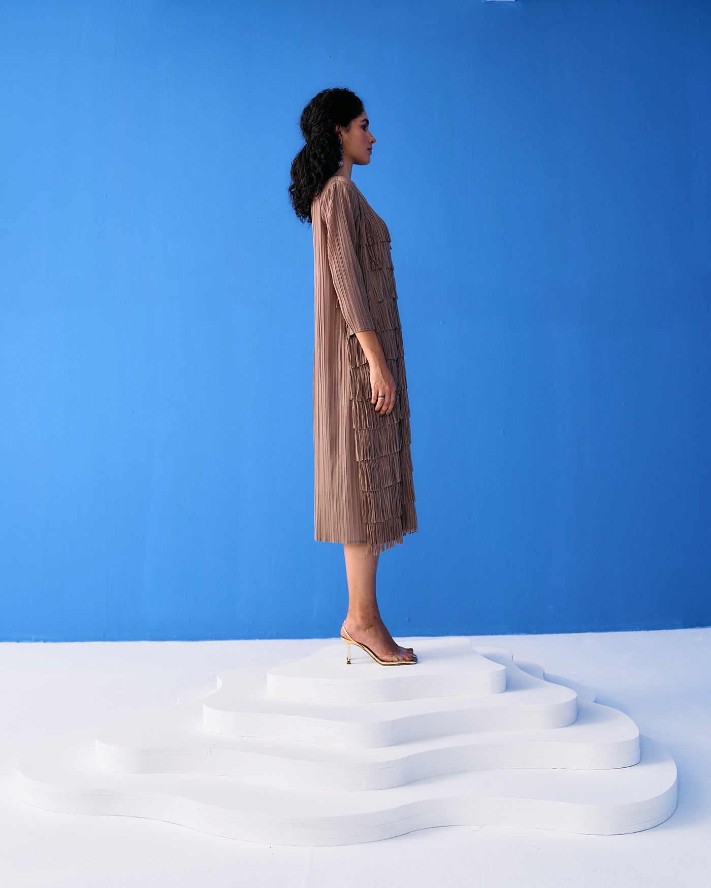 BROWN LONG SLEEVES FRINGE DRESS