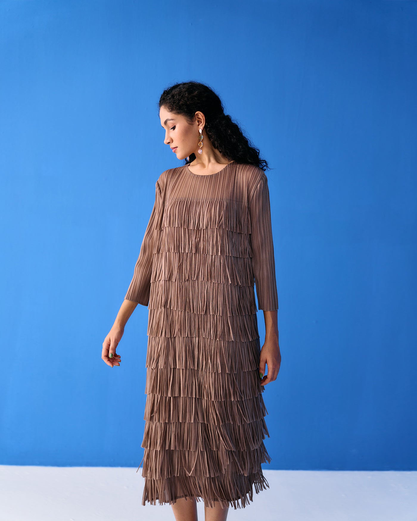 BROWN LONG SLEEVES FRINGE DRESS