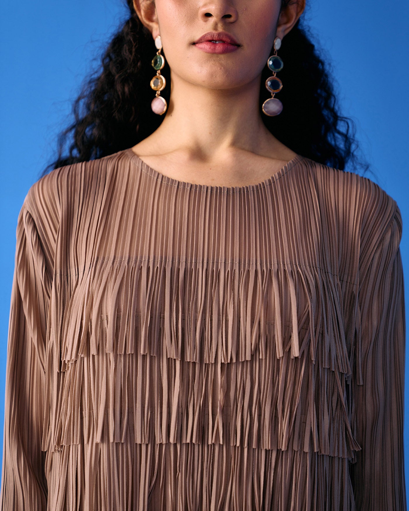 BROWN LONG SLEEVES FRINGE DRESS