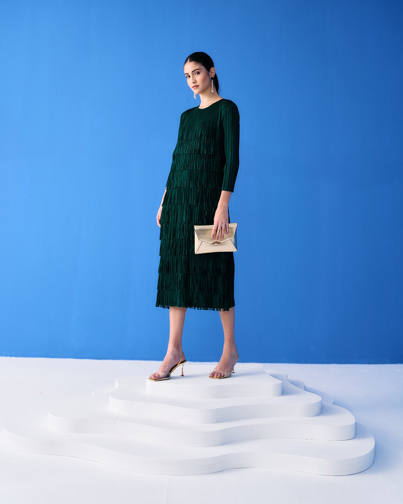 GREEN LONG SLEEVES FRINGE DRESS