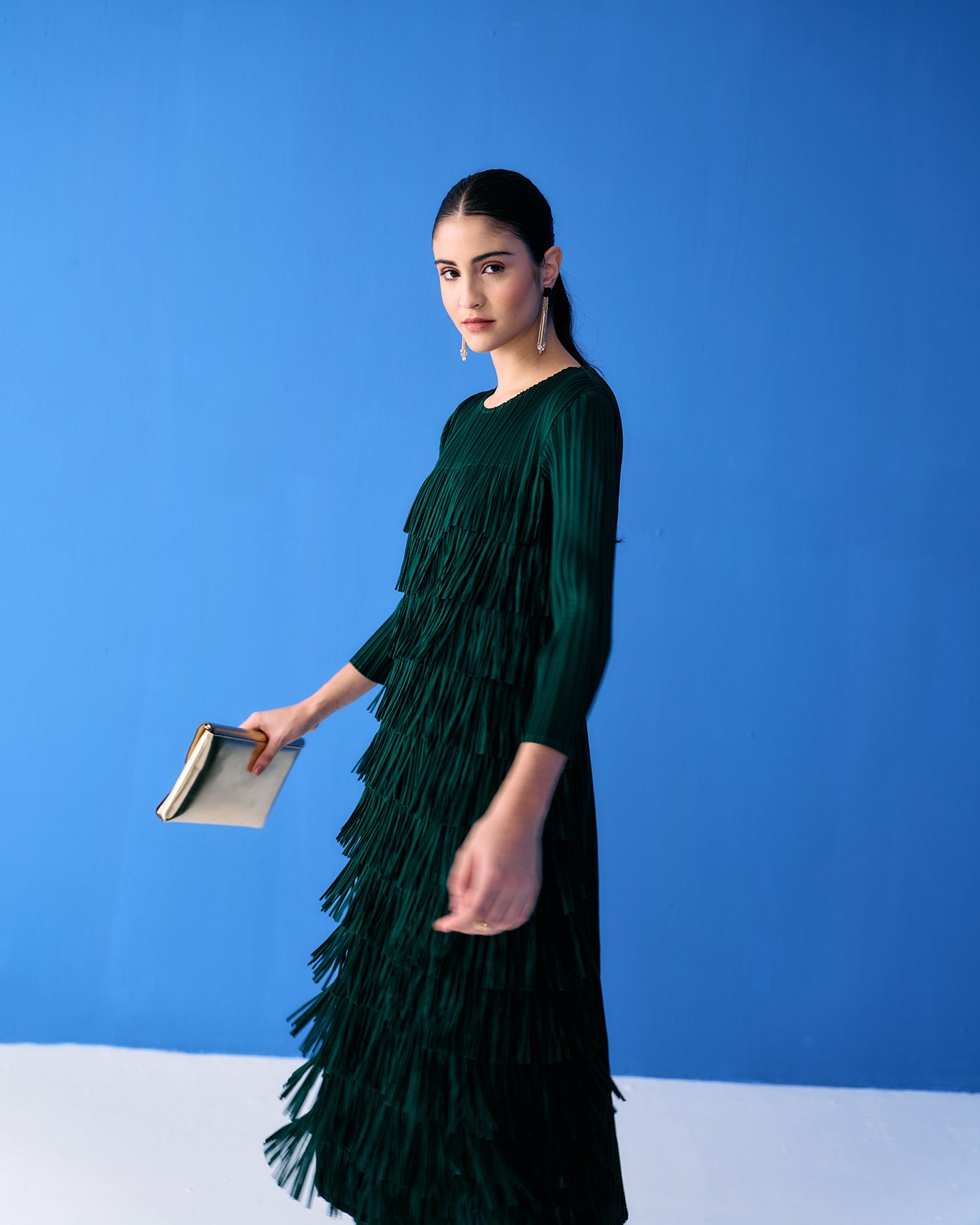 GREEN LONG SLEEVES FRINGE DRESS
