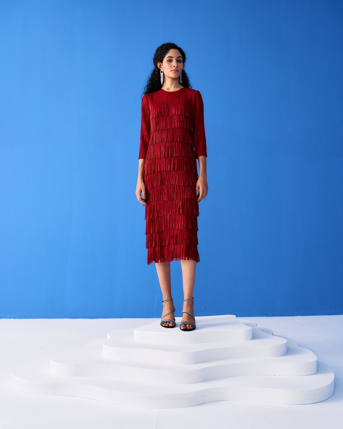 MAROON LONG SLEEVES FRINGE DRESS