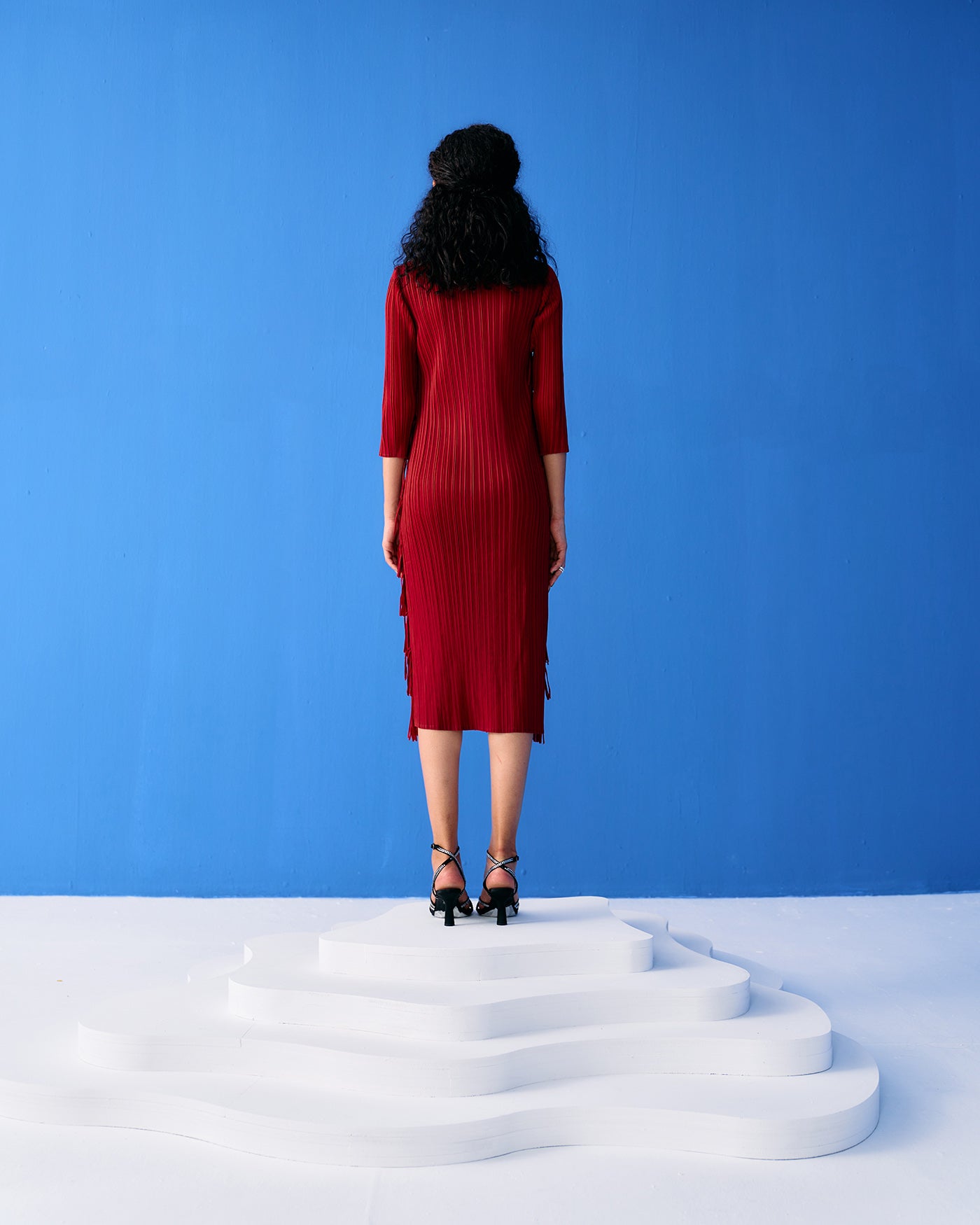 MAROON LONG SLEEVES FRINGE DRESS