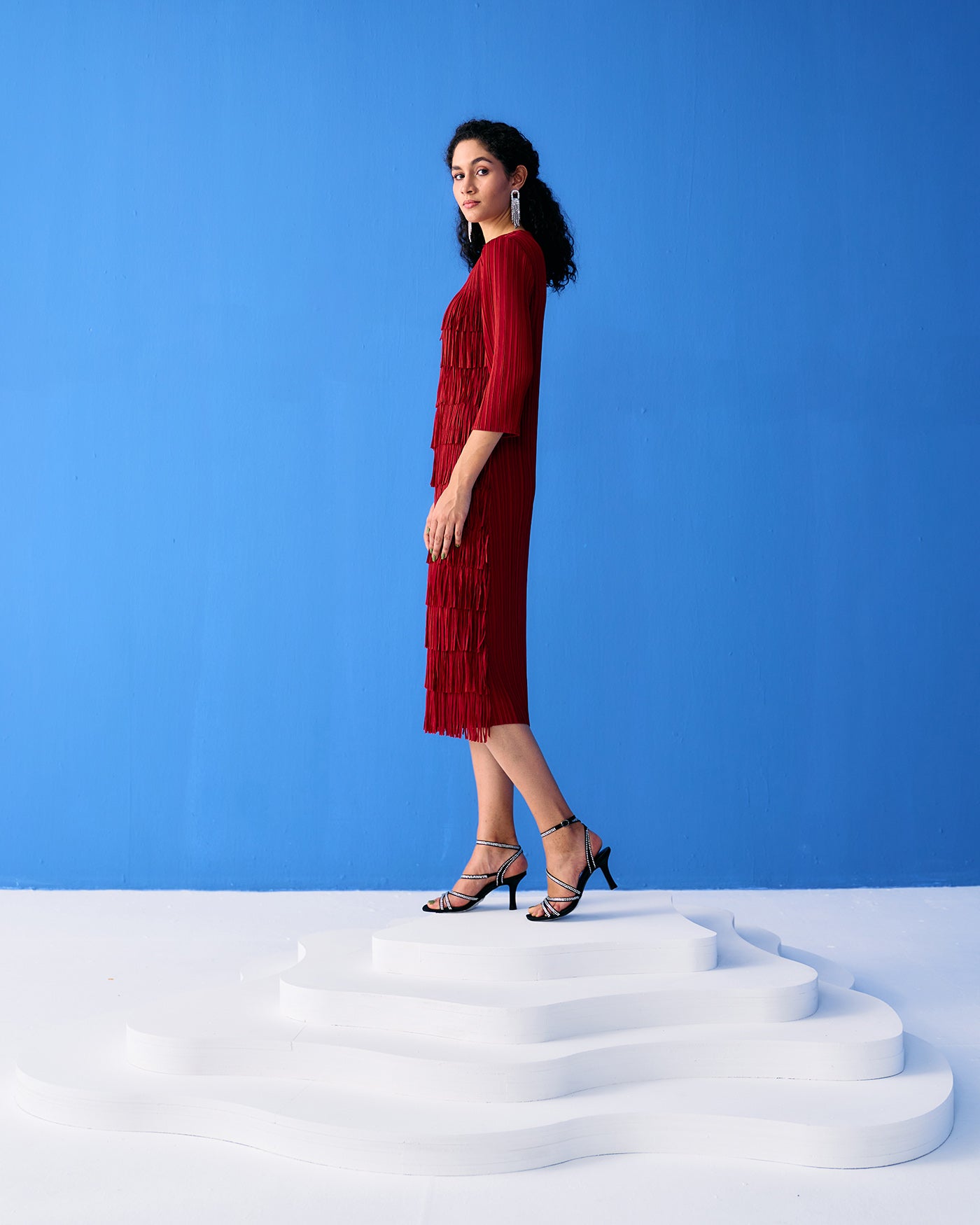 MAROON LONG SLEEVES FRINGE DRESS