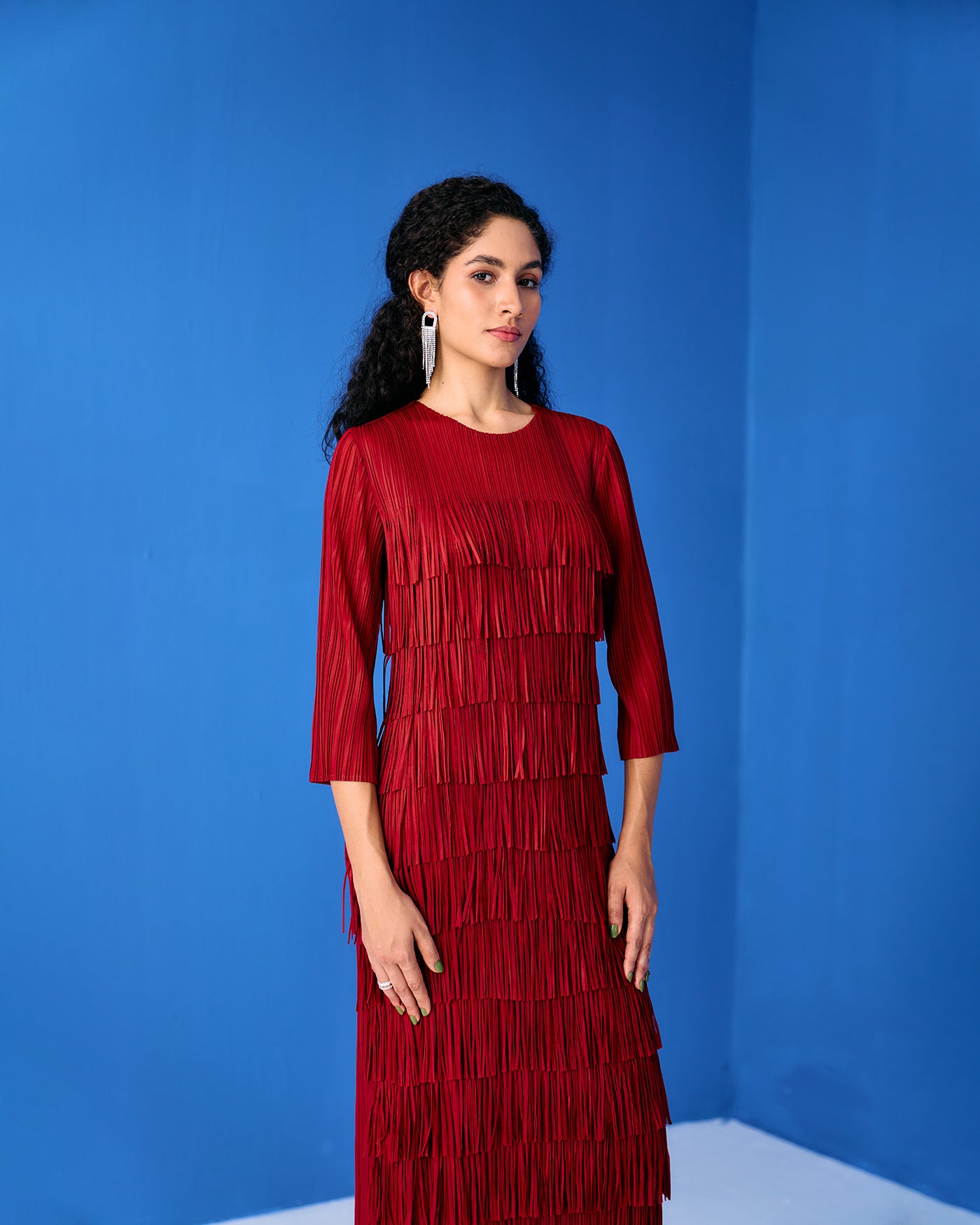 MAROON LONG SLEEVES FRINGE DRESS