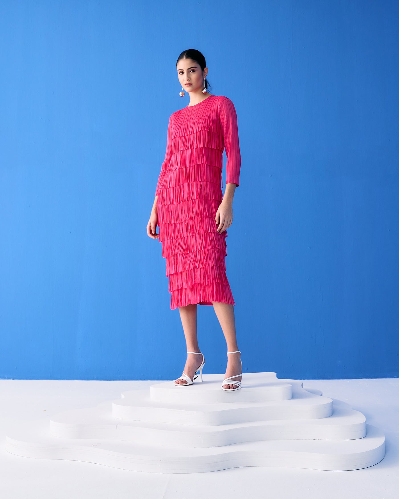 FUSCIA LONG SLEEVES FRINGE DRESS