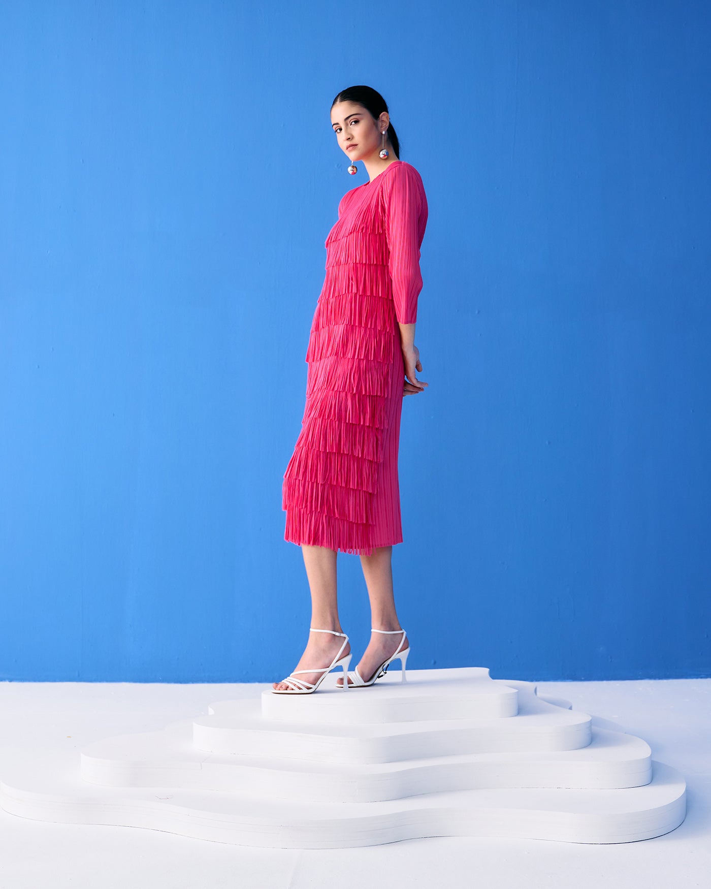 FUSCIA LONG SLEEVES FRINGE DRESS