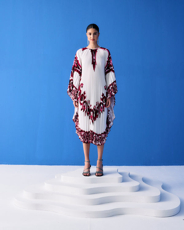 RED TROPICAL PRINTED PLEATED CAPE