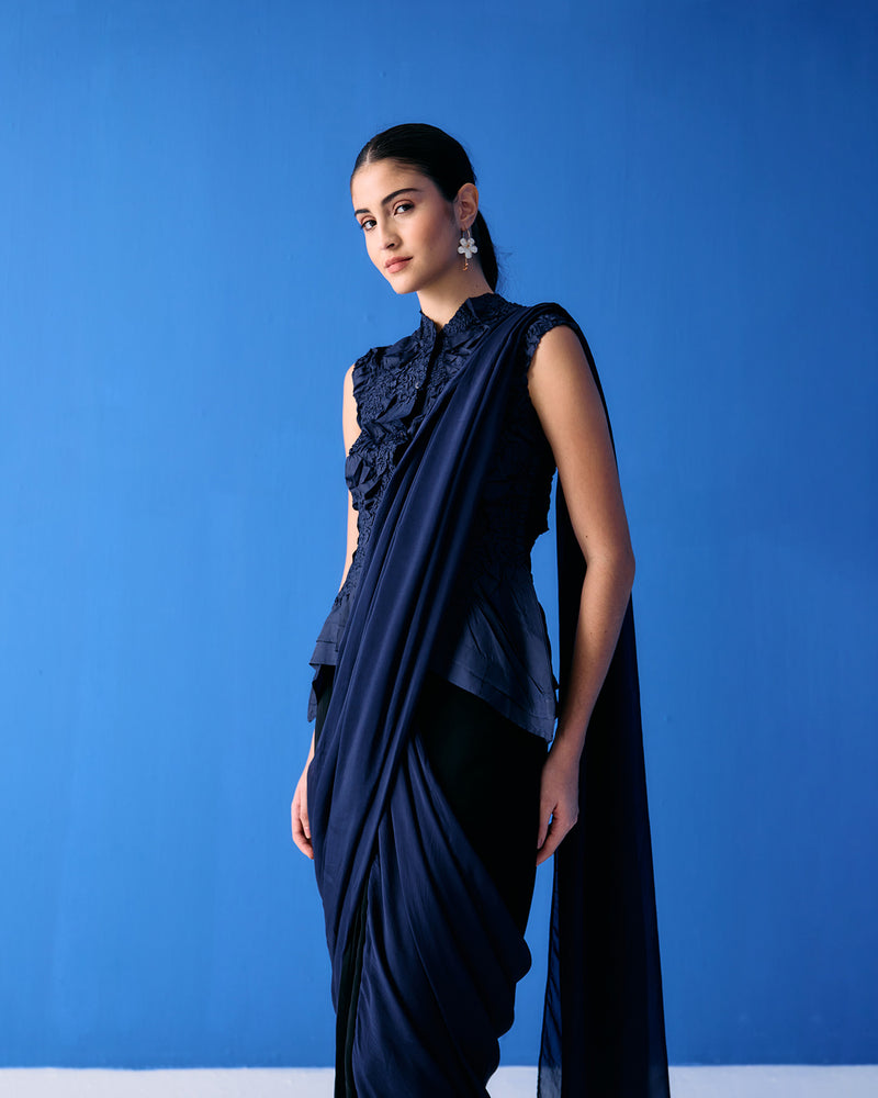 BLUE CRINKLED TOP PAIRED WITH BLACK AND BLUE SAREE
