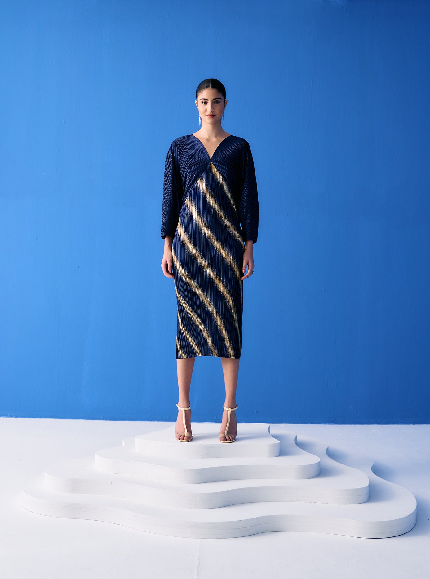 BLUE TWO TONE METALLIC DRAPE DRESS