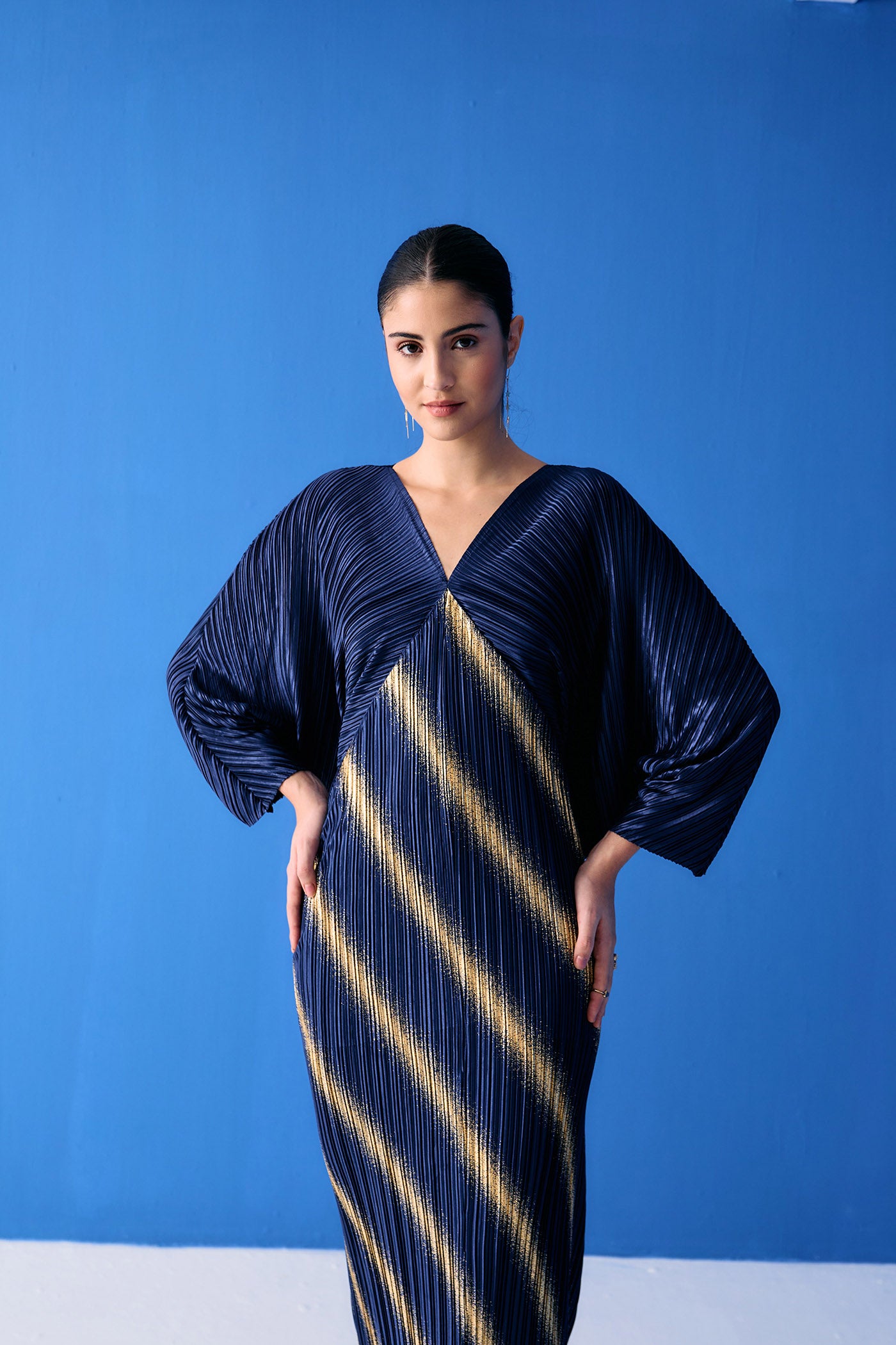 BLUE TWO TONE METALLIC DRAPE DRESS