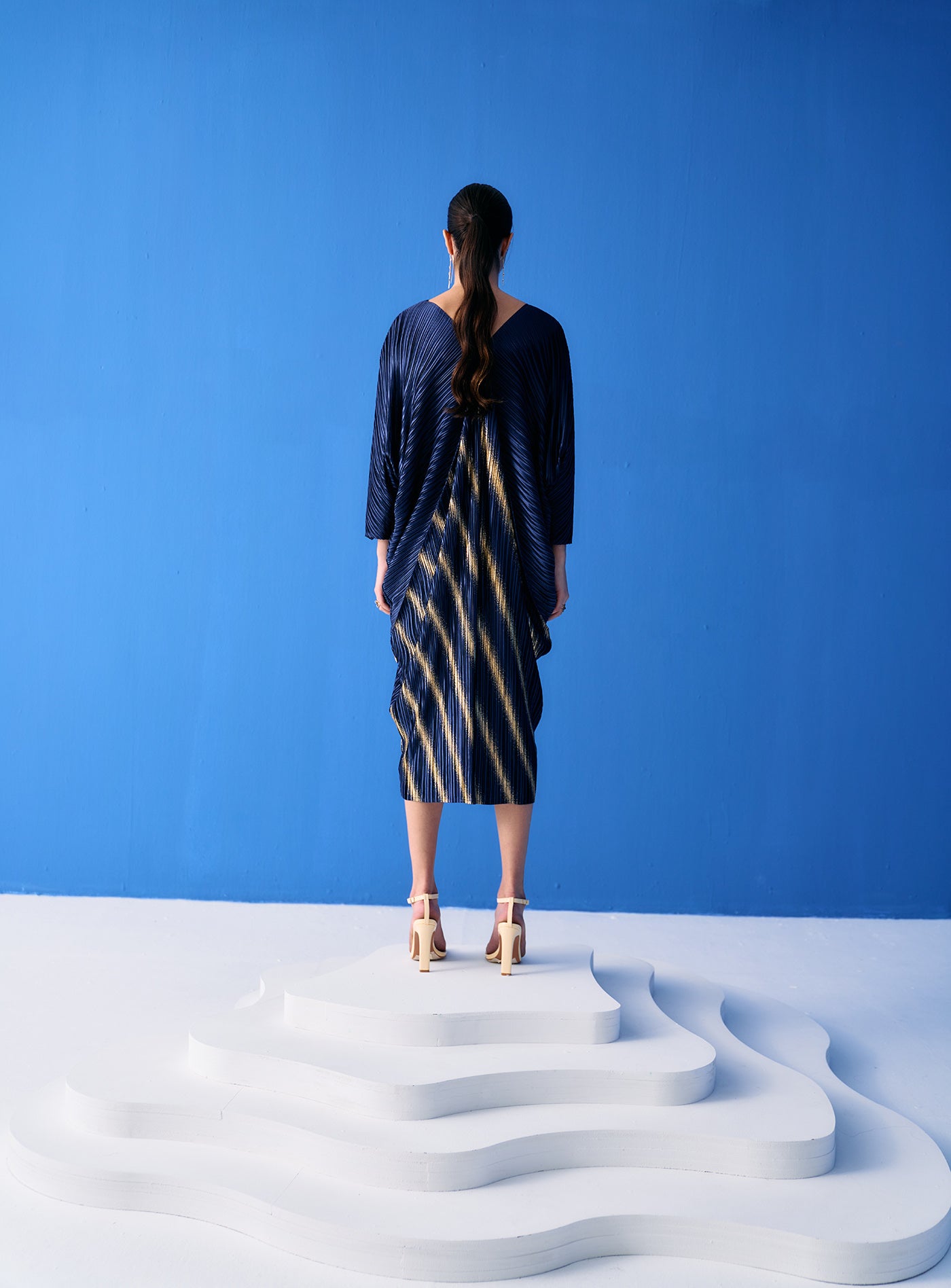 BLUE TWO TONE METALLIC DRAPE DRESS