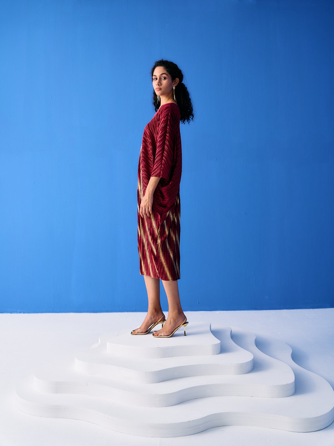 MAROON TWO TONE METALLIC DRAPE DRESS