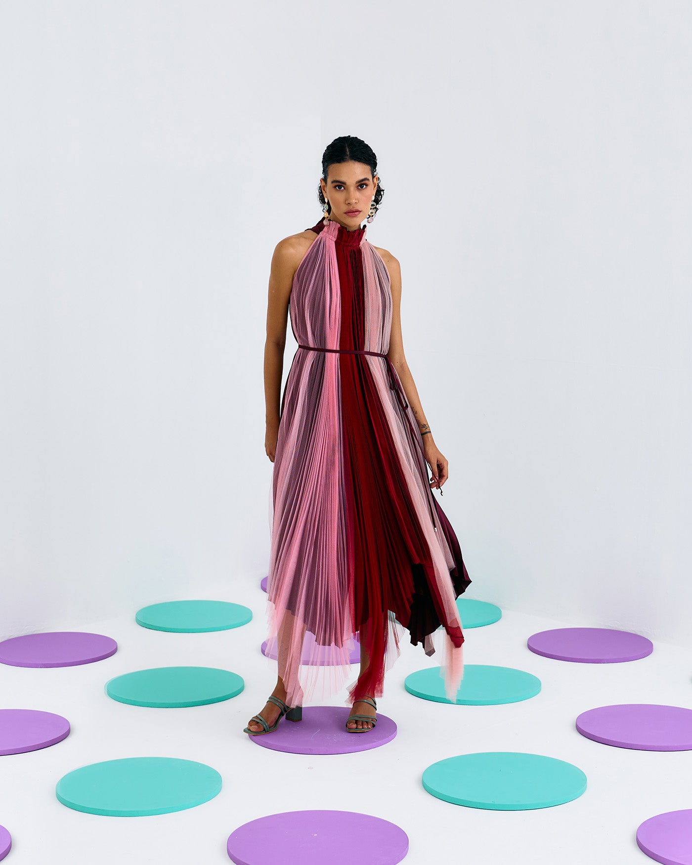 MULTICOLORED SOFTNET CREPE PLEATED DRESS